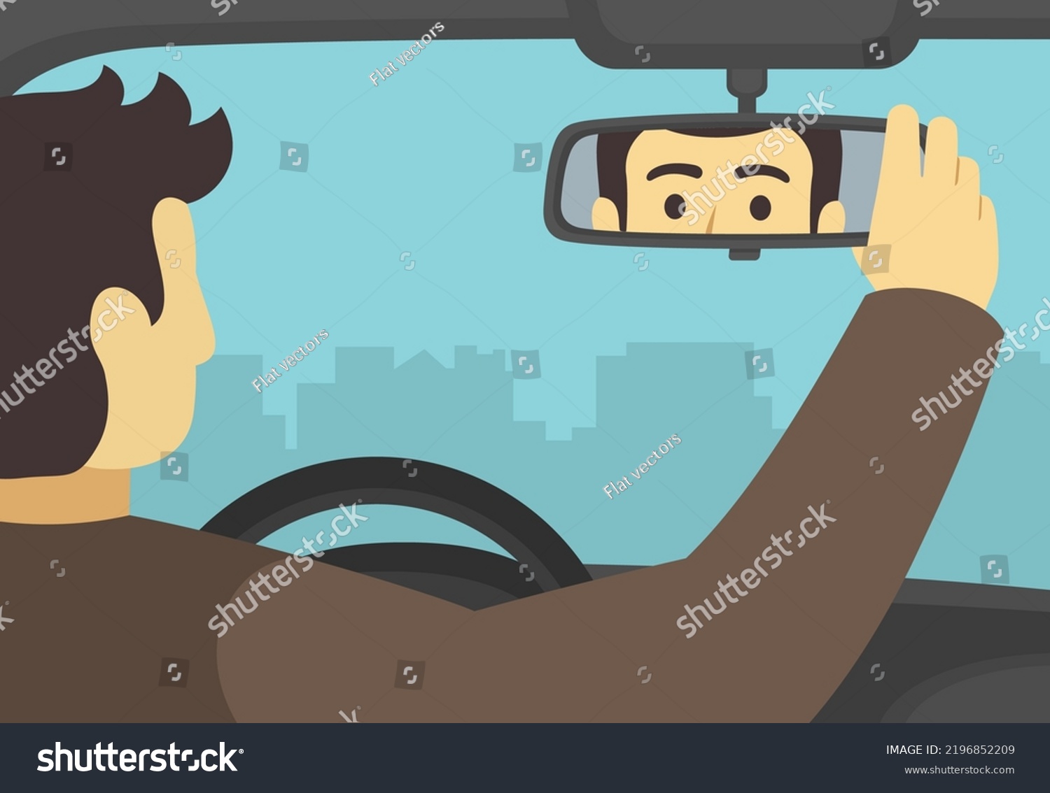 SVG of Male car driver adjusting rear view mirror in a car. Close-up back view of a driver checking rear mirror. Flat vector illustration template. svg