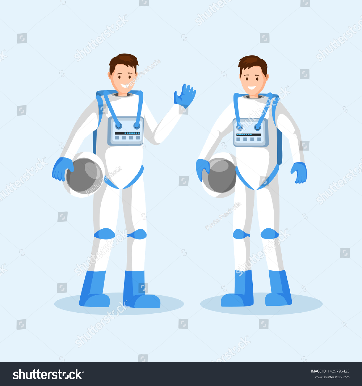 Male Cosmonauts Flat Vector Illustration Smiling Stock Vector Royalty Free 1429796423 8555