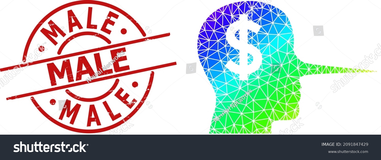 SVG of Male grunge seal and low-poly spectral colored financial liar icon with gradient. Red stamp has Male text inside round and lines shape. Triangulated financial liar polygonal 2d illustration. svg