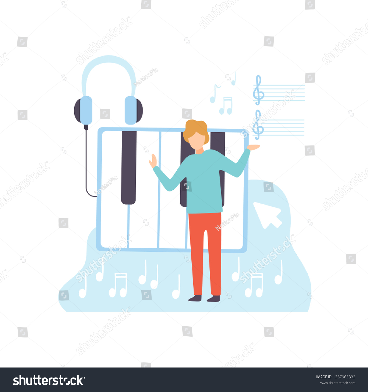 SVG of Male Musician Creating Music Content. Technology Process of Software Development, Social Media Marketing. Vector Illustration. svg