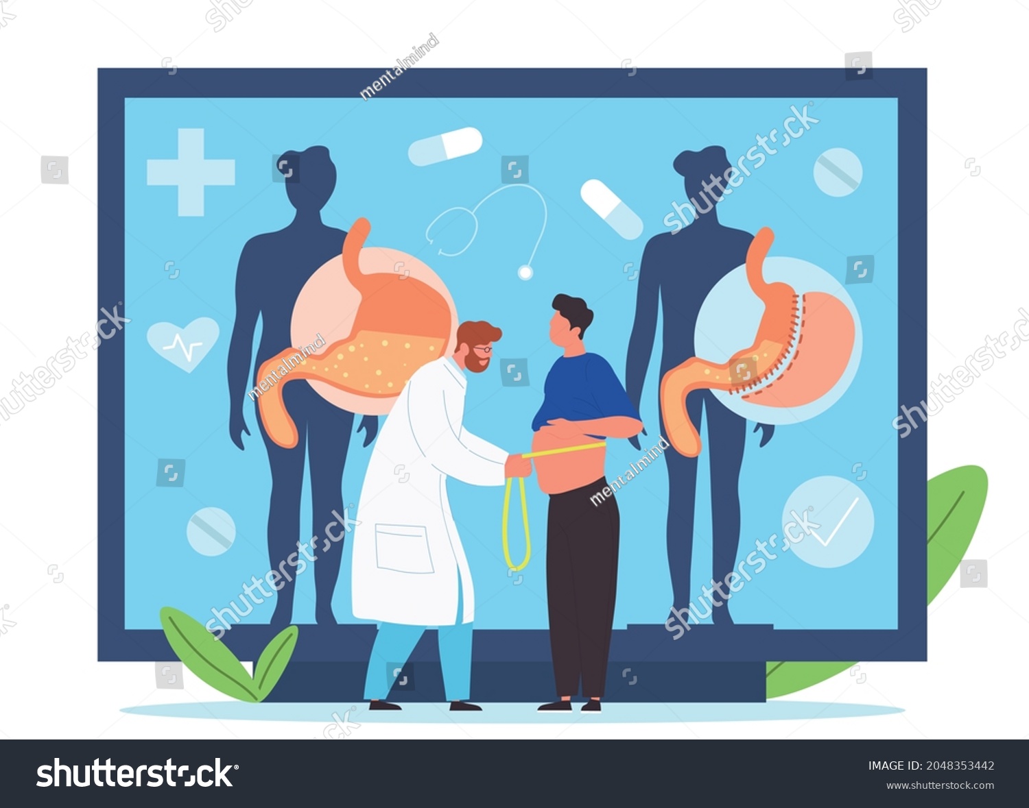 SVG of Male surgeon doctor measuring waist of fat man. Preparing patient for bariatric gastrectomy procedure in clinic. Concept of weight loss medicine. Flat cartoon vector illustration svg
