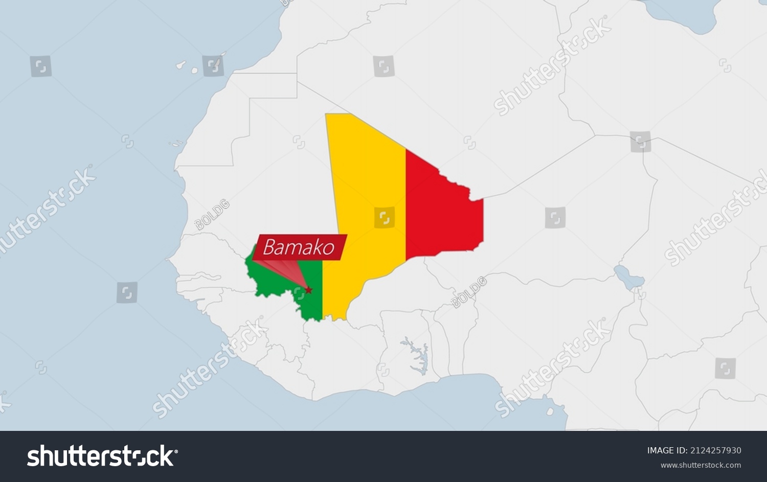 Mali Map Highlighted Mali Flag Colors Stock Vector Royalty Free   Stock Vector Mali Map Highlighted In Mali Flag Colors And Pin Of Country Capital Bamako Map With Neighboring 2124257930 