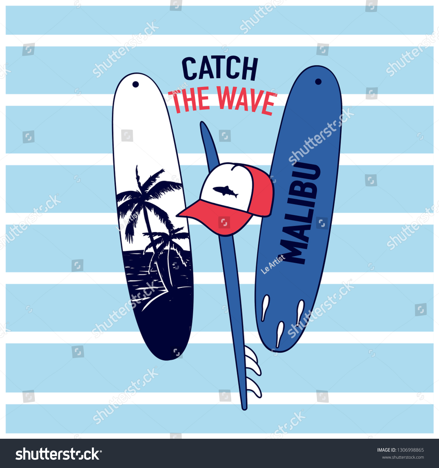 Malibu Surfingsurfboard Drawing Tshirt Design Kidsvector Stock