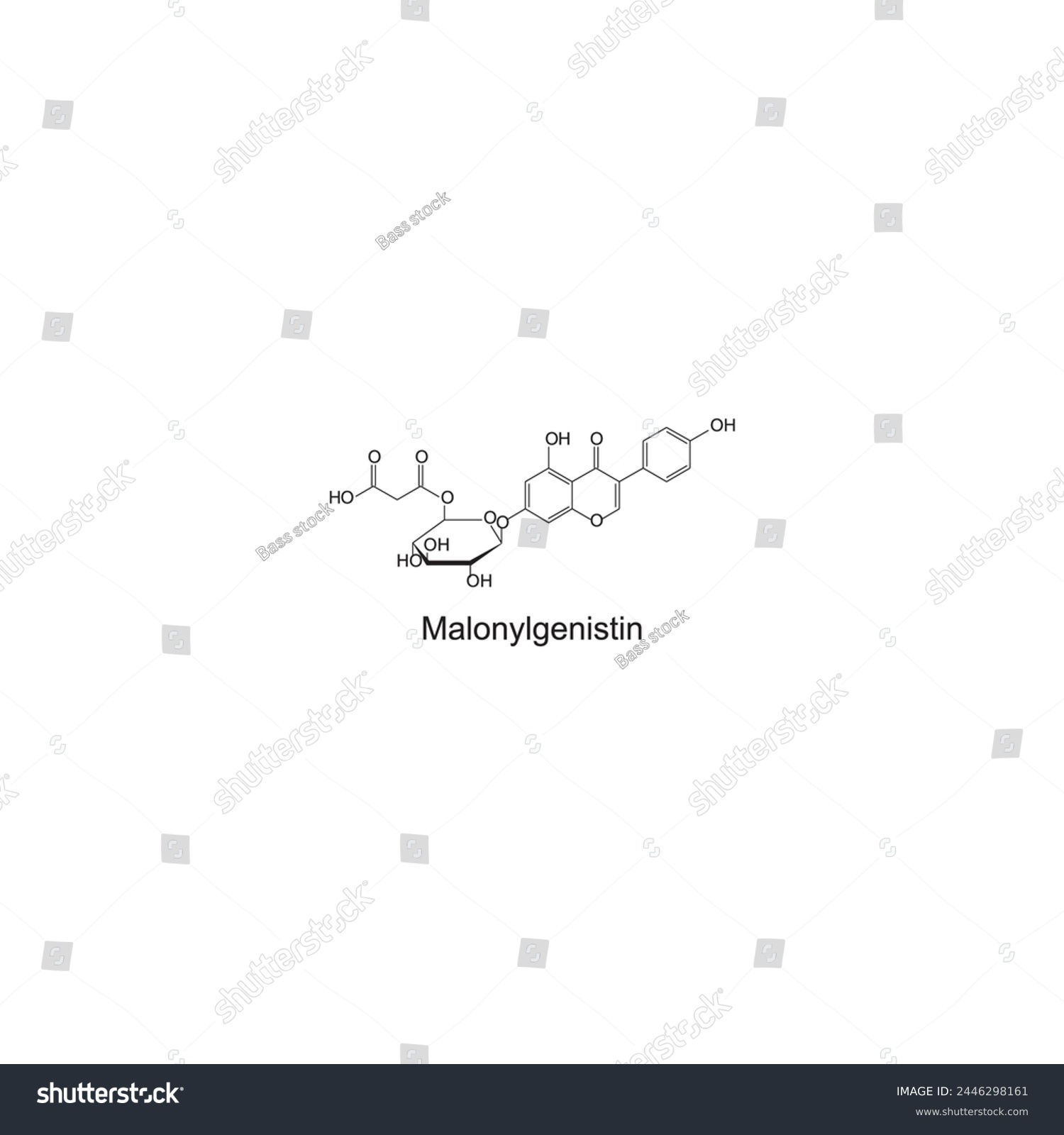 SVG of Malonyldaidzin skeletal structure diagram.Isoflavanone compound molecule scientific illustration on white background. svg