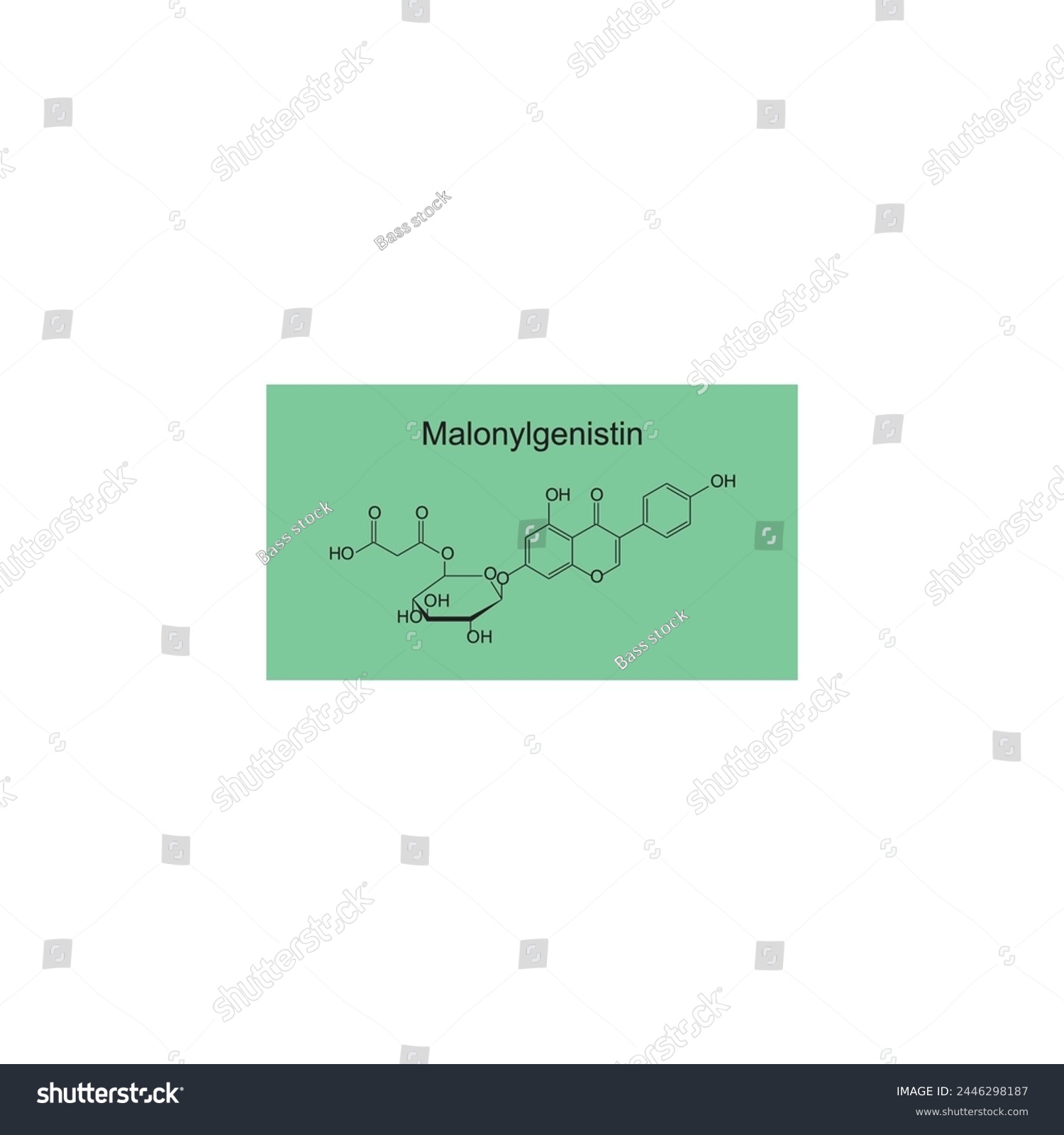 SVG of Malonyldaidzin skeletal structure diagram.Isoflavanone compound molecule scientific illustration on green background. svg