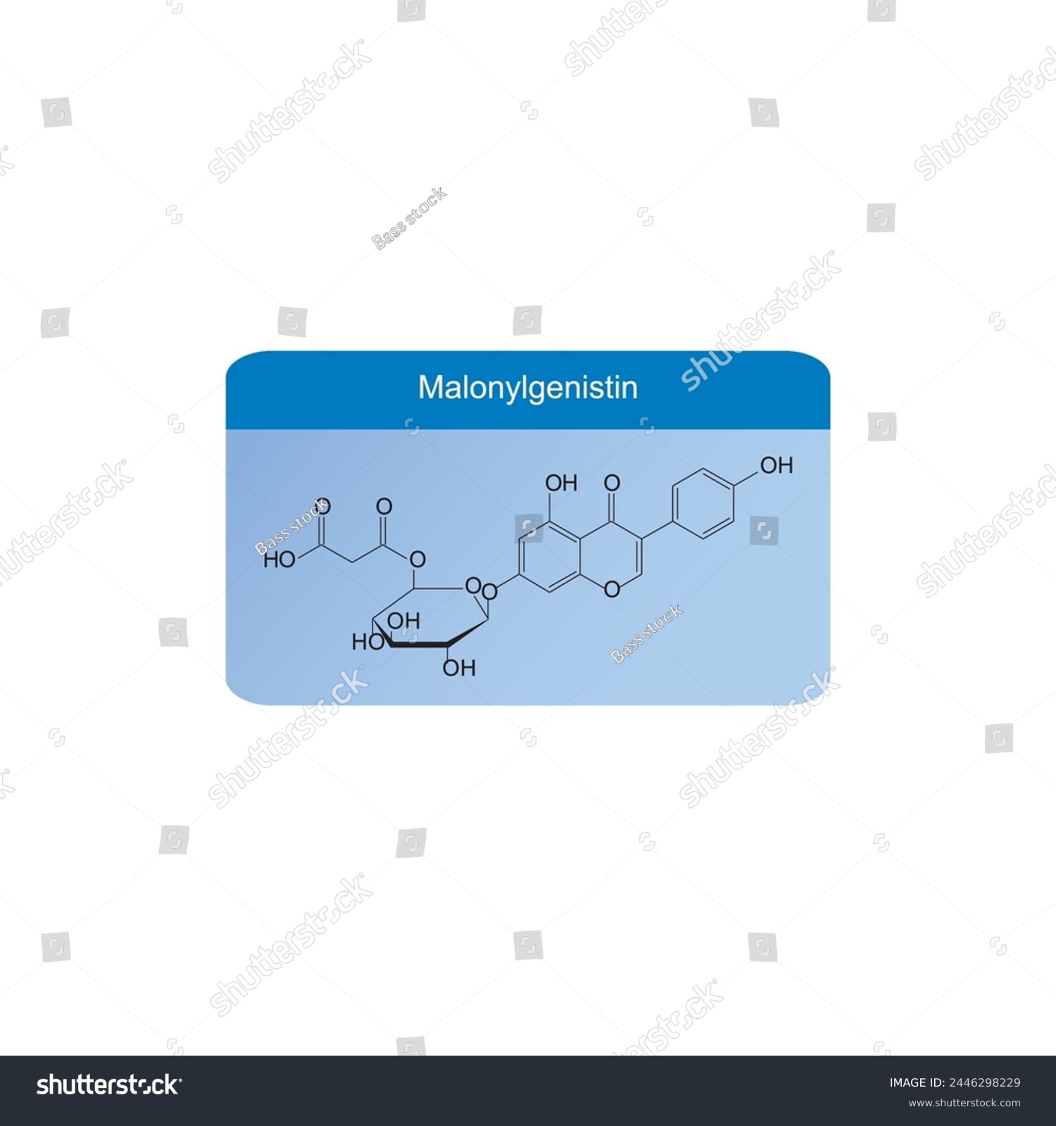 SVG of Malonyldaidzin skeletal structure diagram.Isoflavanone compound molecule scientific illustration on blue background. svg