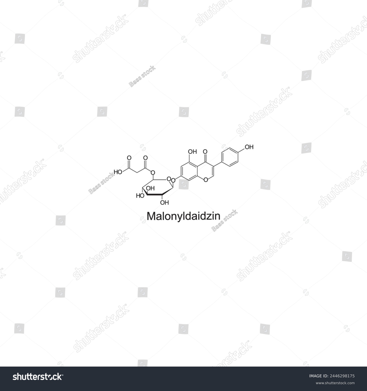 SVG of Malonylgenistin skeletal structure diagram.Isoflavanone compound molecule scientific illustration on white background. svg