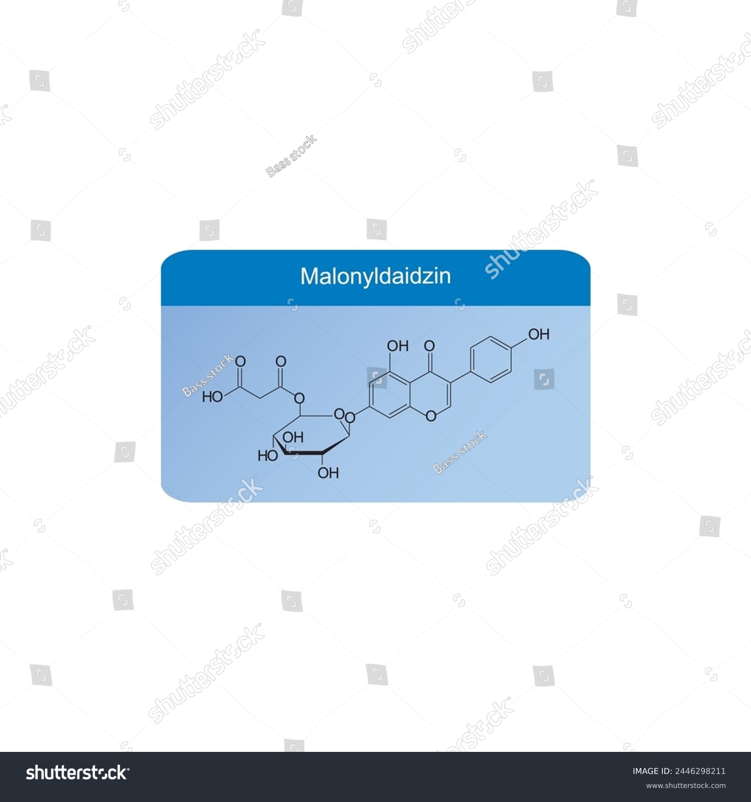SVG of Malonylgenistin skeletal structure diagram.Isoflavanone compound molecule scientific illustration on blue background. svg