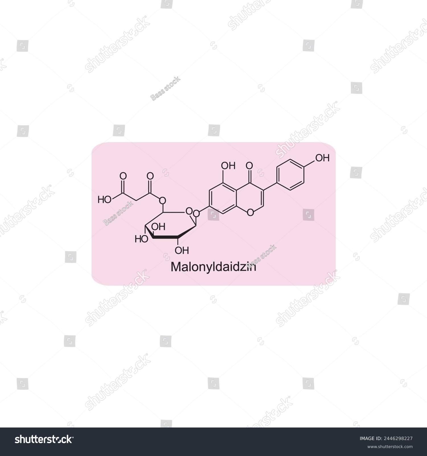 SVG of Malonylgenistin skeletal structure diagram.Isoflavanone compound molecule scientific illustration on pink background. svg