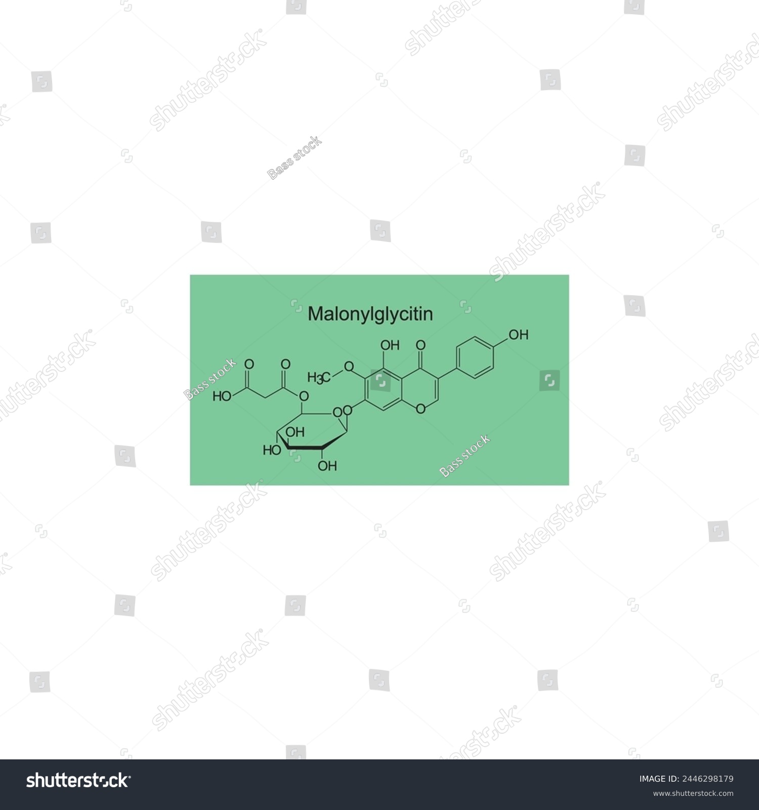SVG of Malonylglycitin skeletal structure diagram. compound molecule scientific illustration on green background. svg
