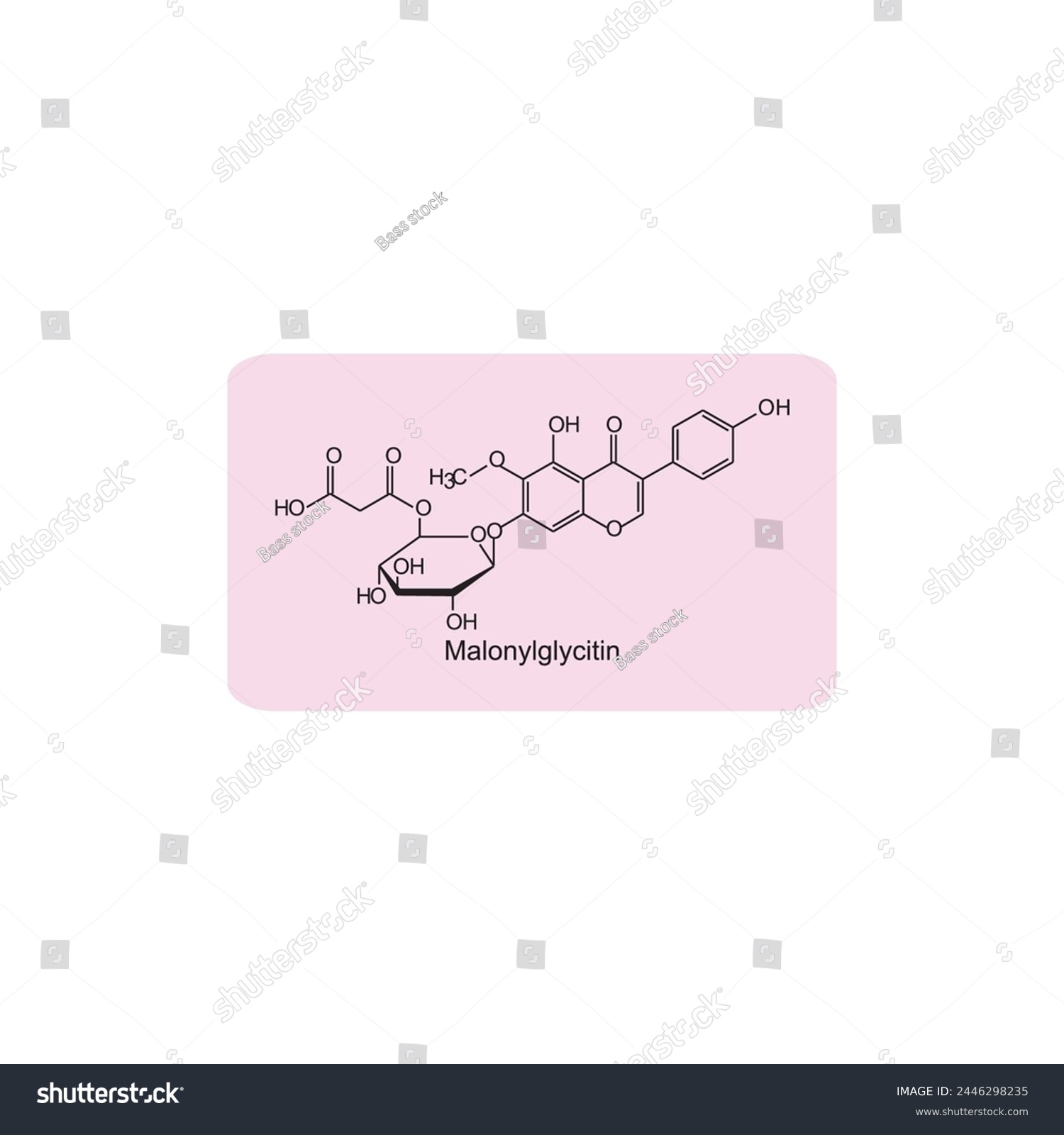 SVG of Malonylglycitin skeletal structure diagram. compound molecule scientific illustration on pink background. svg