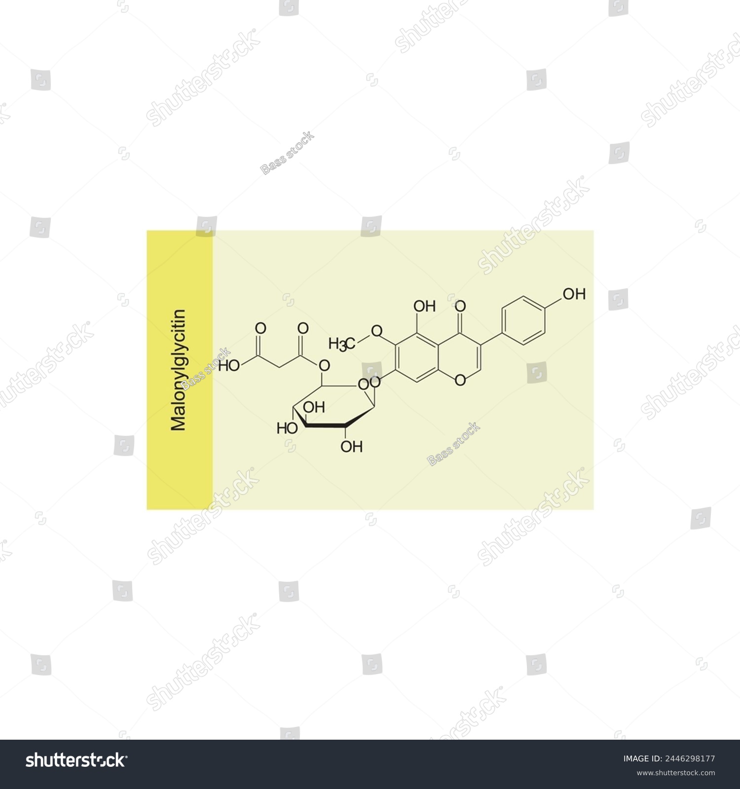 SVG of Malonylglycitin skeletal structure diagram. compound molecule scientific illustration on yellow background. svg