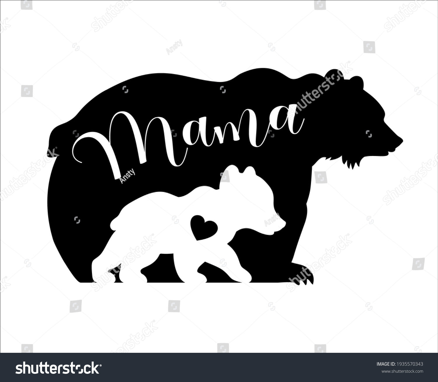 SVG of Mama bear and baby bear silhouettes with heart. Kids poster for nursery. Mother's Day card. Bear family isolated on white background. Cute baby illustration. svg