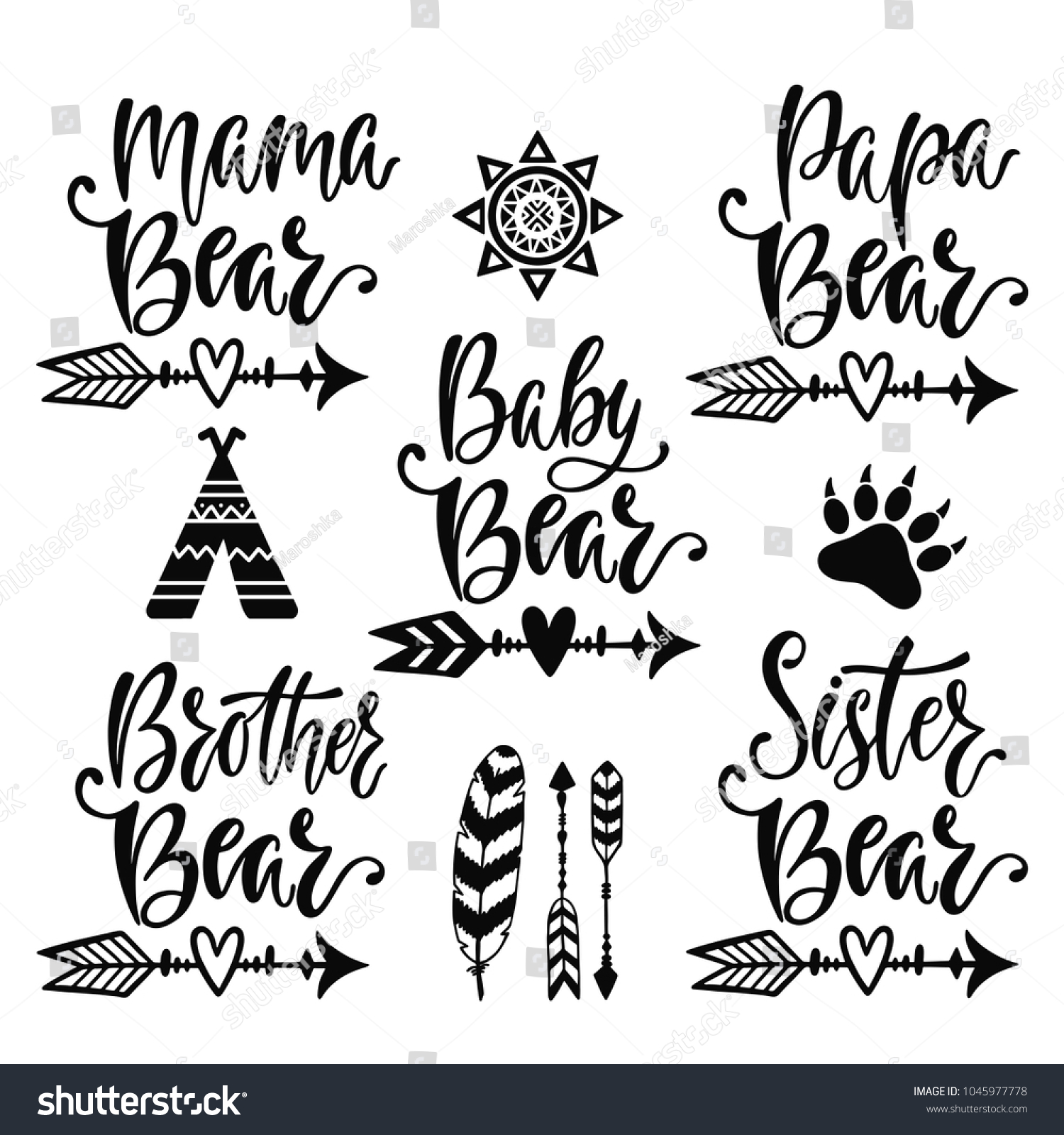 SVG of Mama, papa, baby, brother, sister bear. Hand drawn typography phrases. Family collection with design elements: sun, arrows, feather, tribe, paw. Vector illustration isolated. svg