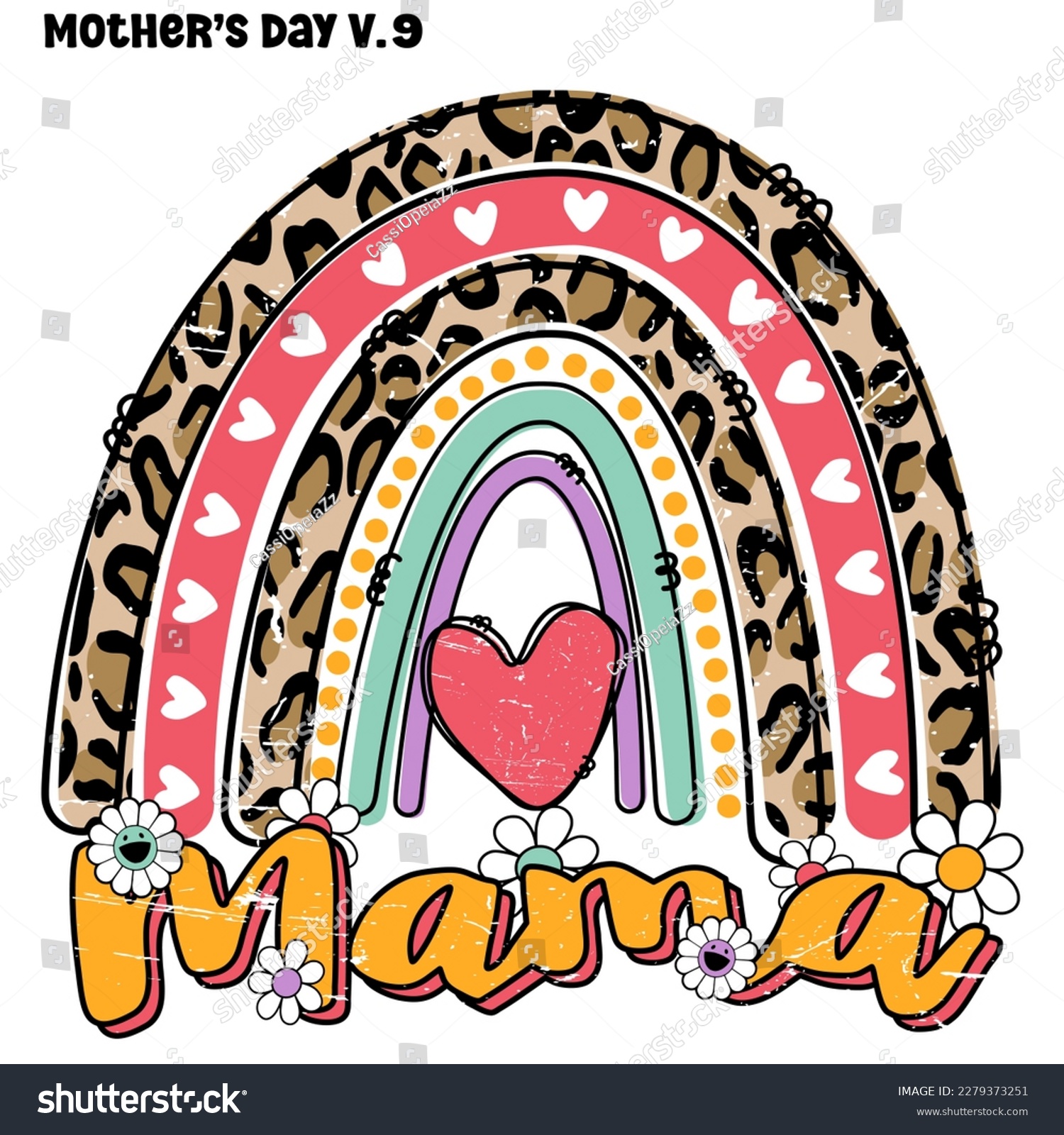 SVG of Mama Rainbow Leopard. Mother's Day V.9 , Mama Rainbow Leopard  with flowers and heart texture colorful 70s 80s 90s Retro style EPS. SVG. file design for t-shirt svg