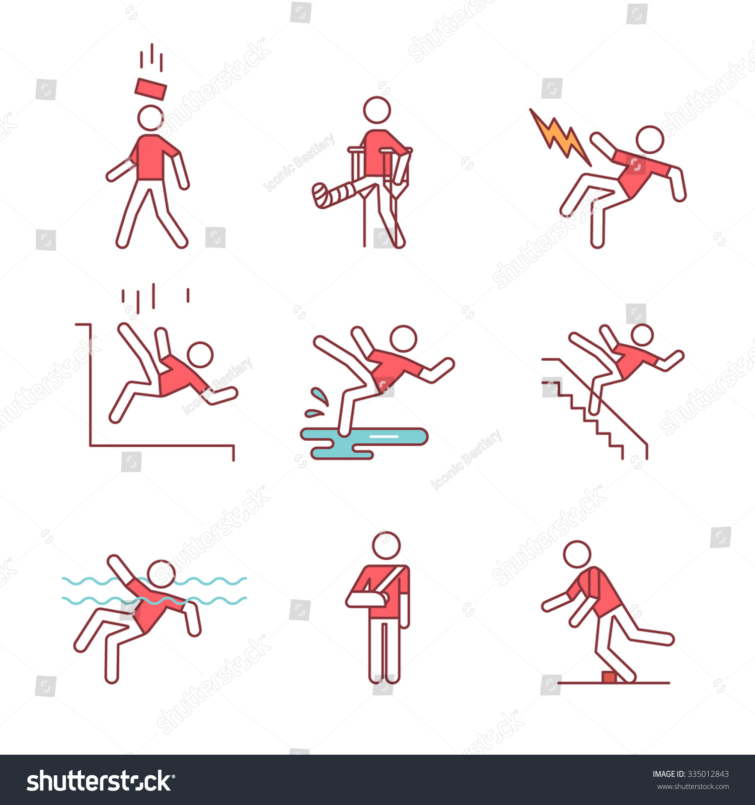 SVG of Man accident and traumas safety sign set. Thin line art icons. Flat style illustrations isolated on white. svg