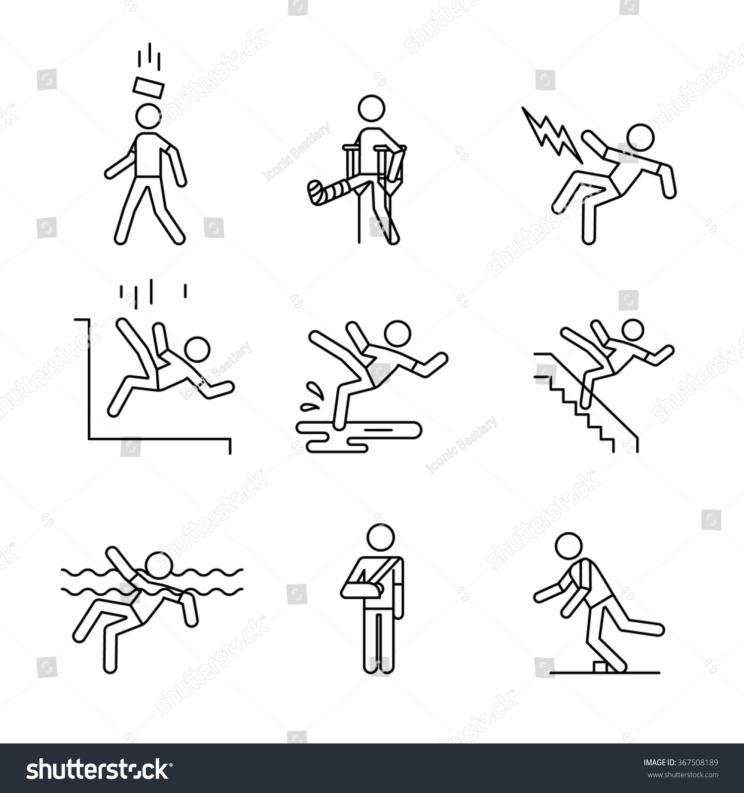 SVG of Man accident and traumas safety sign set. Thin line art icons. Linear style illustrations isolated on white. svg