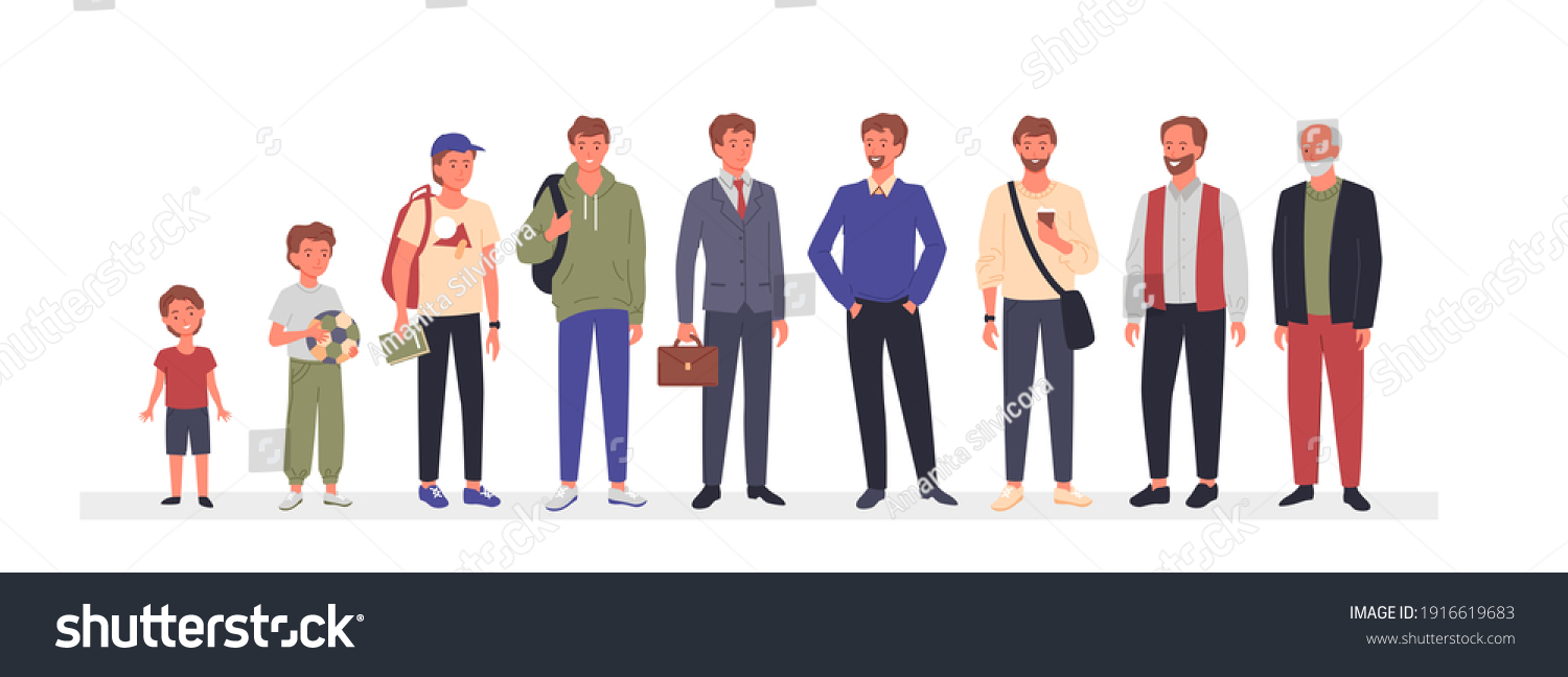 SVG of Man ages, different generation concept vector illustration. Cartoon male characters in aging stage process standing in line, people growth from childhood to adulthood and old age isolated on white svg