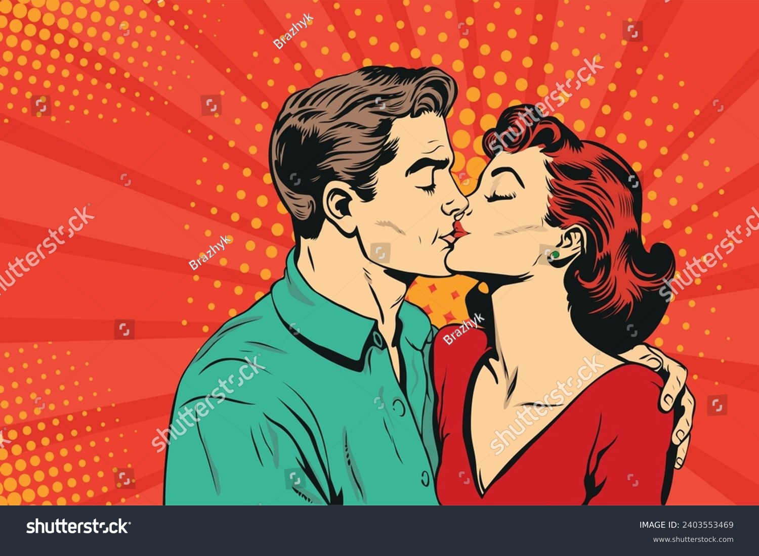 SVG of Man and woman are kissing. Couple love vector illustration in pop art retro comic style. svg