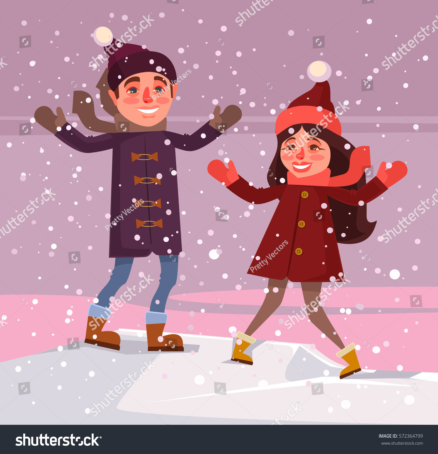 Man Woman Characters Enjoying Snowfall Vector Stock Vector (Royalty ...