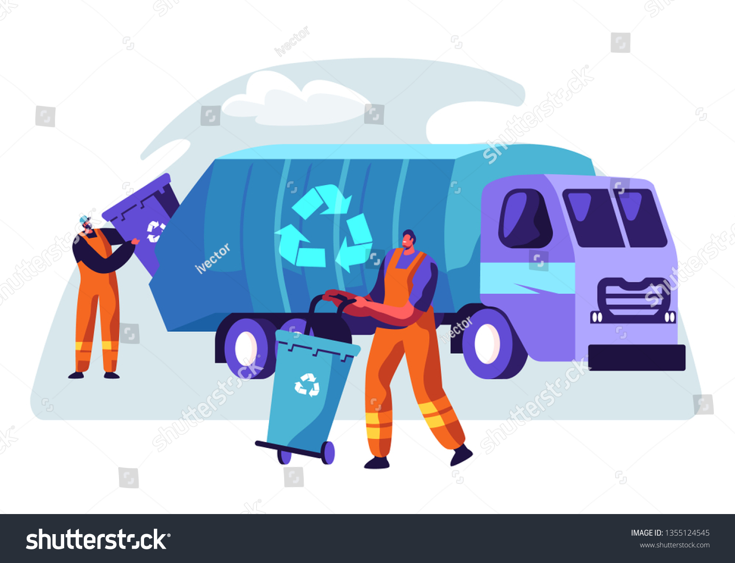 SVG of Man Cleaning Trash Container to Rubbish Truck with Recycle Sign. Lorry for Urban Waste Removal Service. Character Collect Dustbin to Industrial Transport Vehicle Flat Cartoon Vector Illustration svg