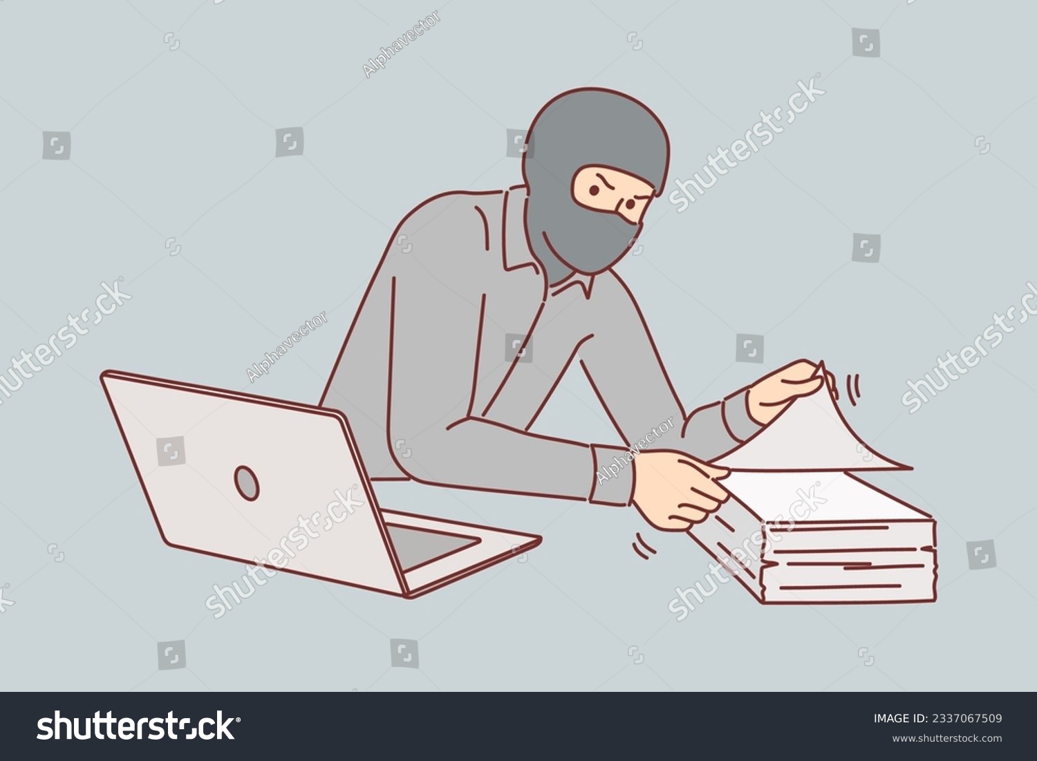 SVG of Man gangster steals documents from office building, wearing mask to hide face and remain anonymous. Concept of commercial espionage and trying to get insider documents about upcoming deals svg