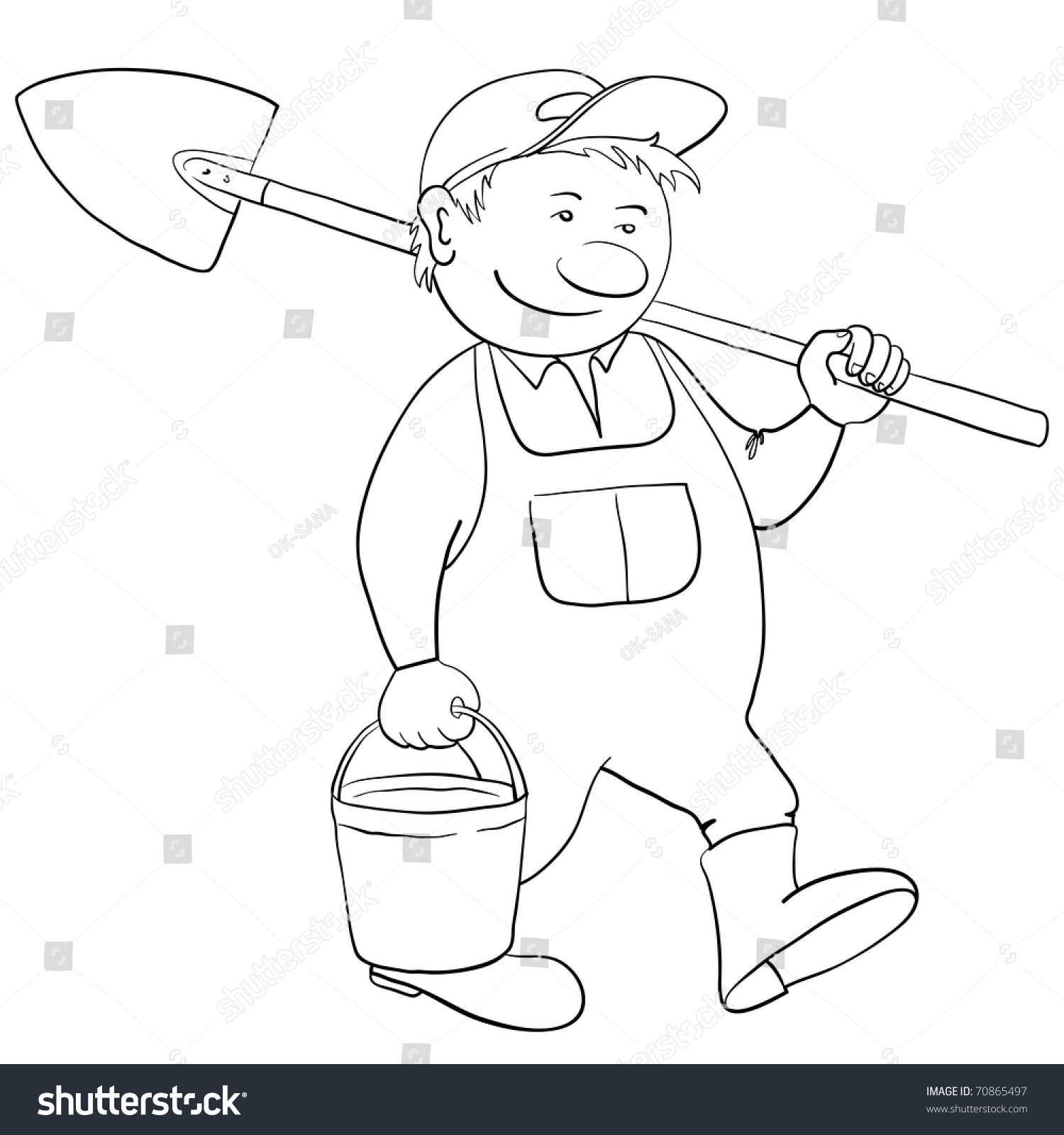 Man Gardener With A Bucket And A Shovel Goes To Work In A Garden ...