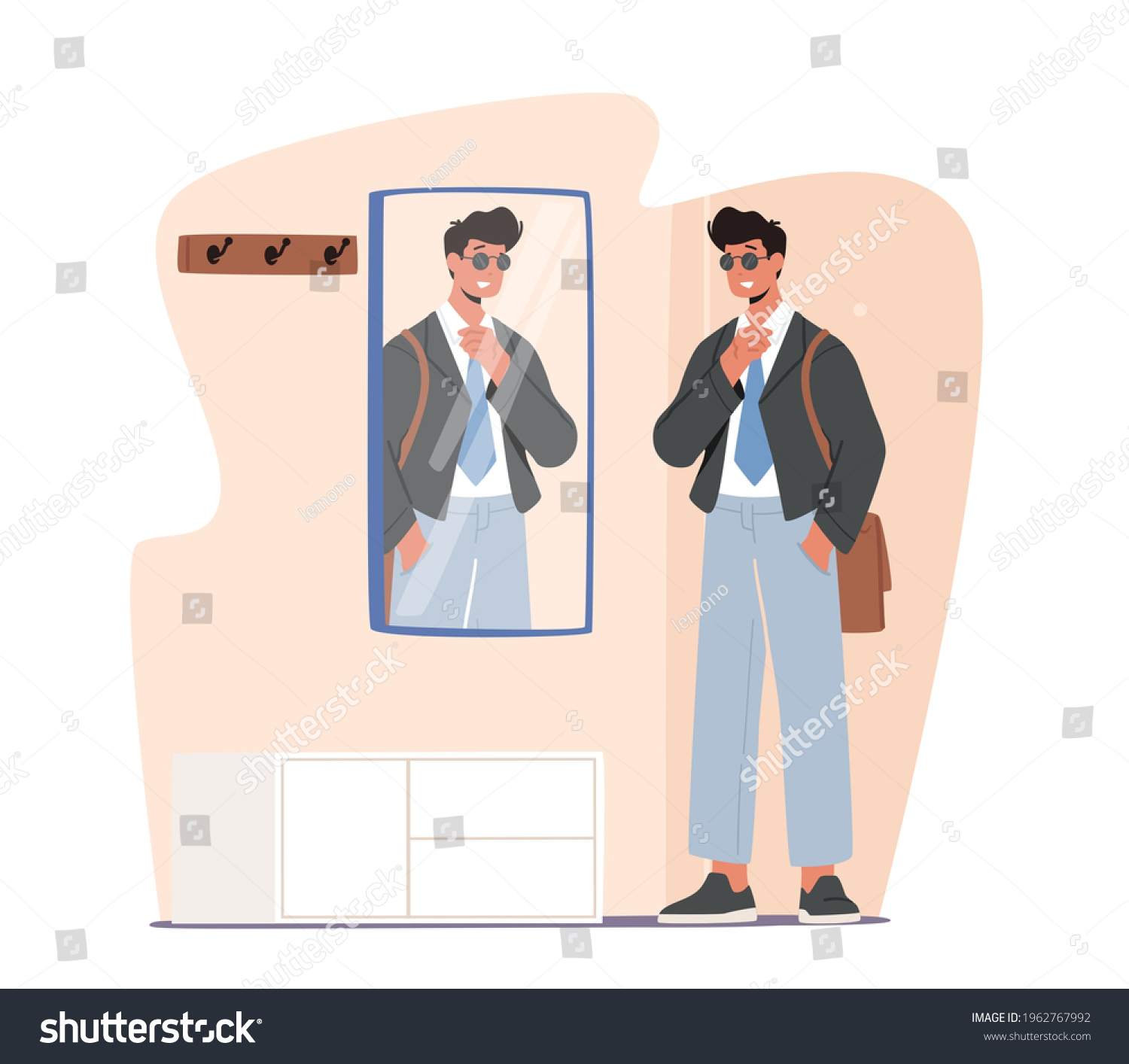 SVG of Man Going to Work. Handsome Male Character Wearing Formal Wear, Sunglasses and Belt Bag Stand front of Mirror in Corridor before Leaving Home. Daily Routine Concept. Cartoon Vector Illustration svg