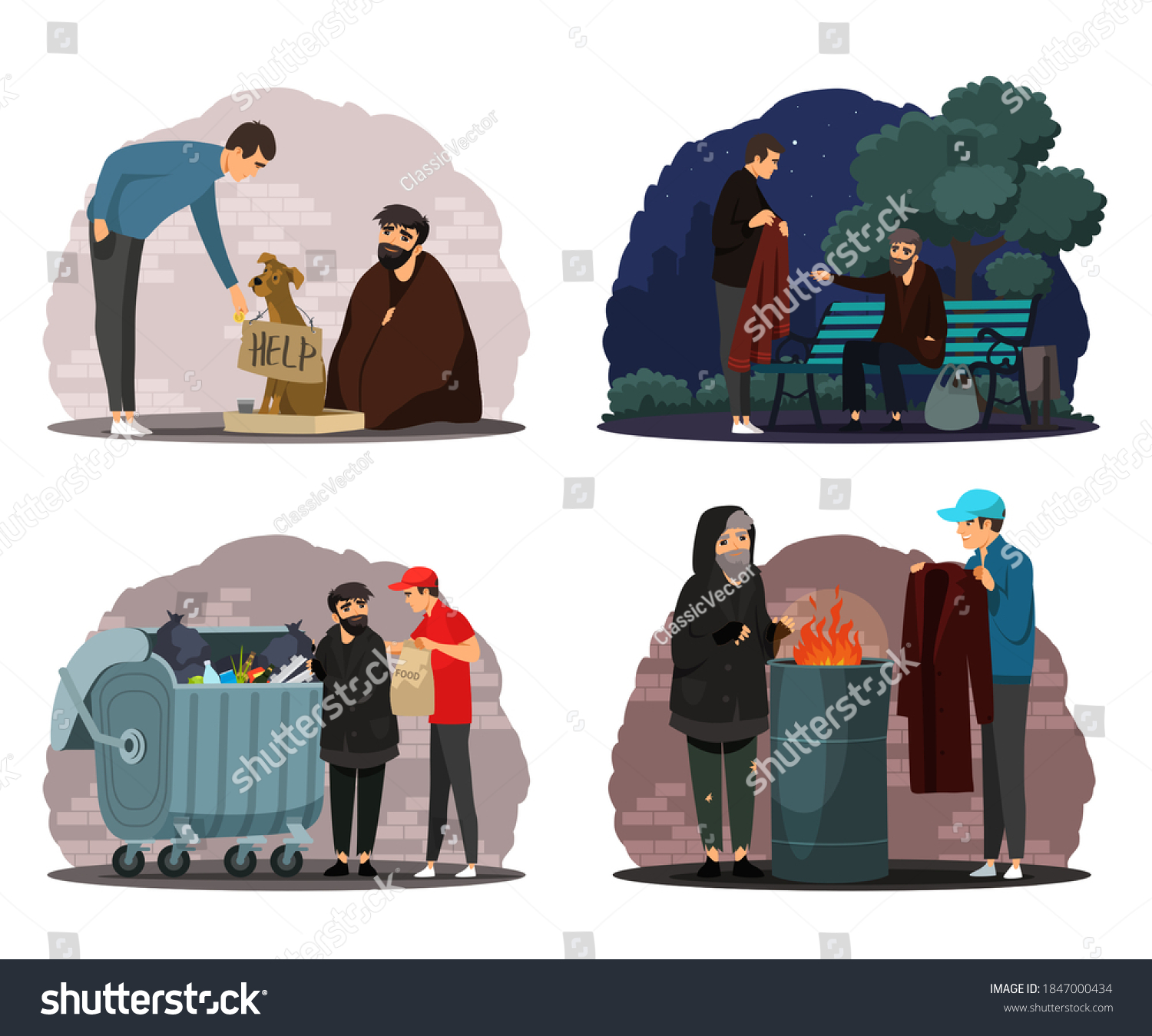 SVG of Man helping poor homeless people set. Poverty and charity vector illustration. Guy giving food, clothes, money to beggars in poverty. Social inequality in society. Volunteer workers. svg