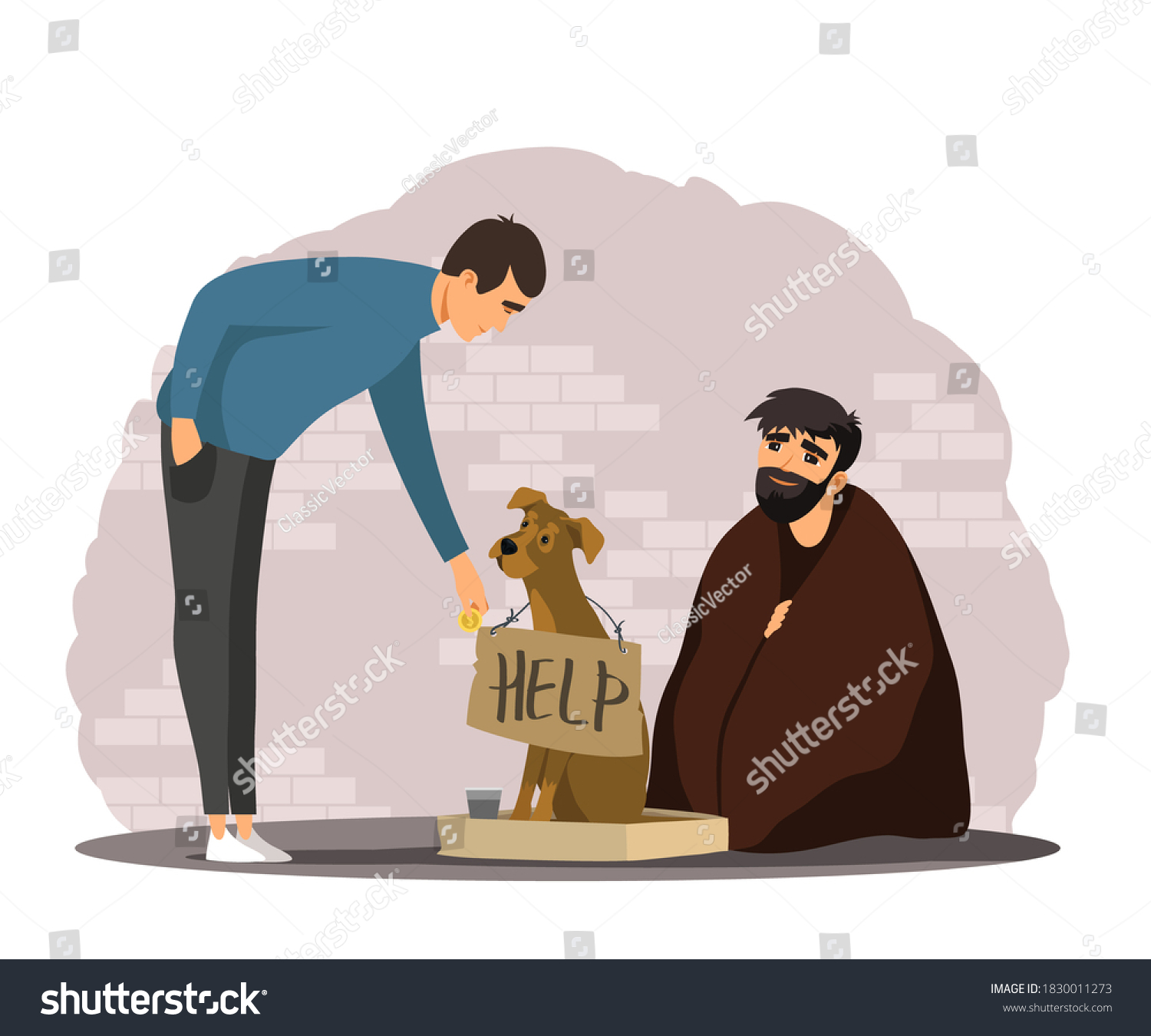 SVG of Man helping poor homeless person with dog. Poverty and charity vector illustration. Guy giving money to beggar in poverty. Social inequality in society. Person donating to jobless man in need. svg