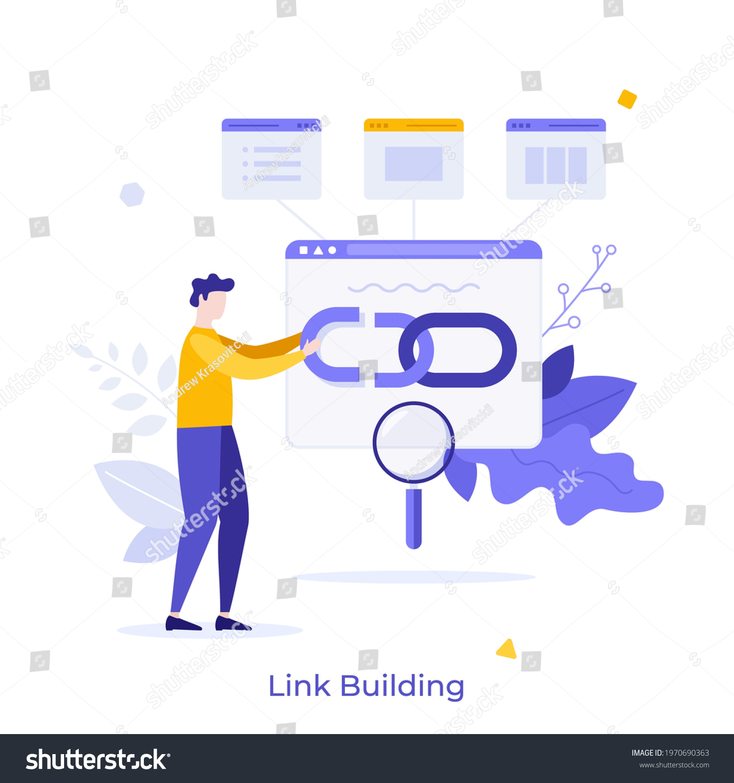 SVG of Man holding chain on bowser window. Concept of link building for search engine optimization, acquiring hyperlinks from websites to get traffic. Modern flat colorful vector illustration for banner. svg