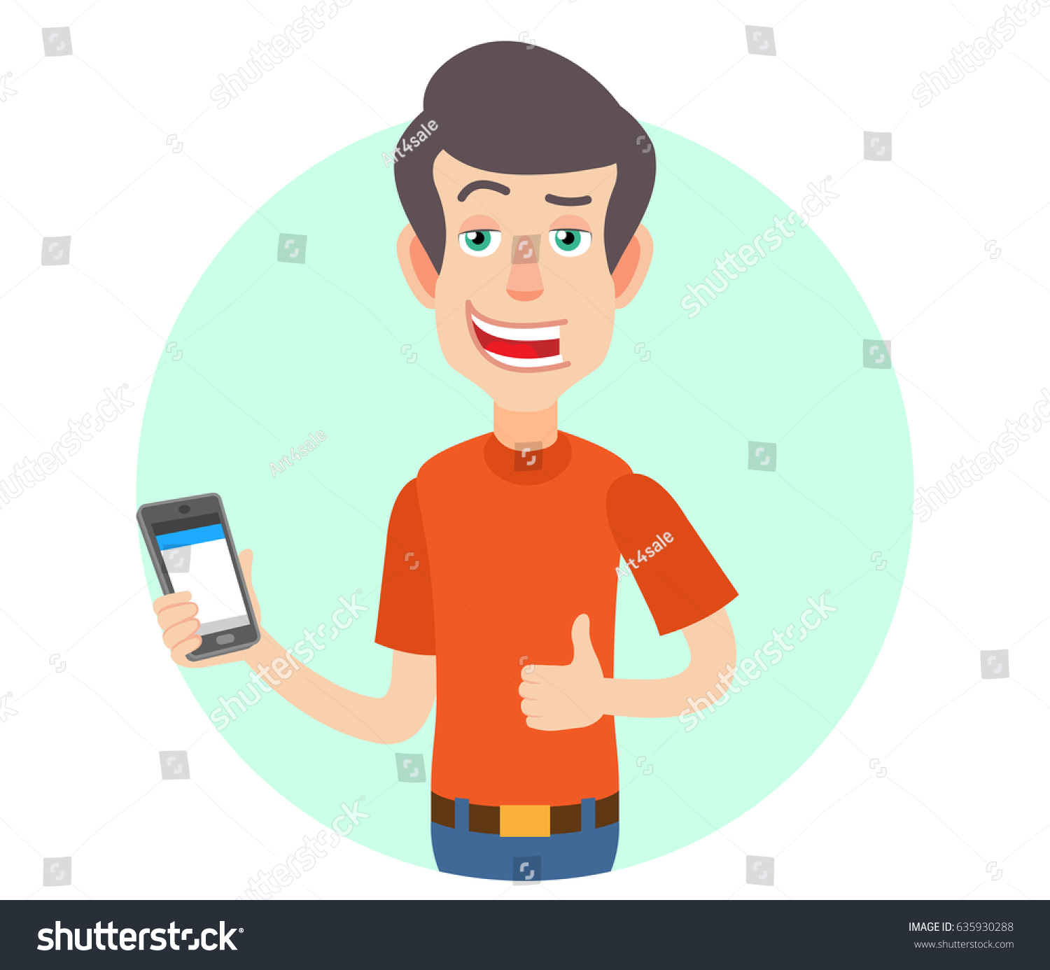 Man Holding Mobile Phone Showing Thumb Vector De Stock Libre De