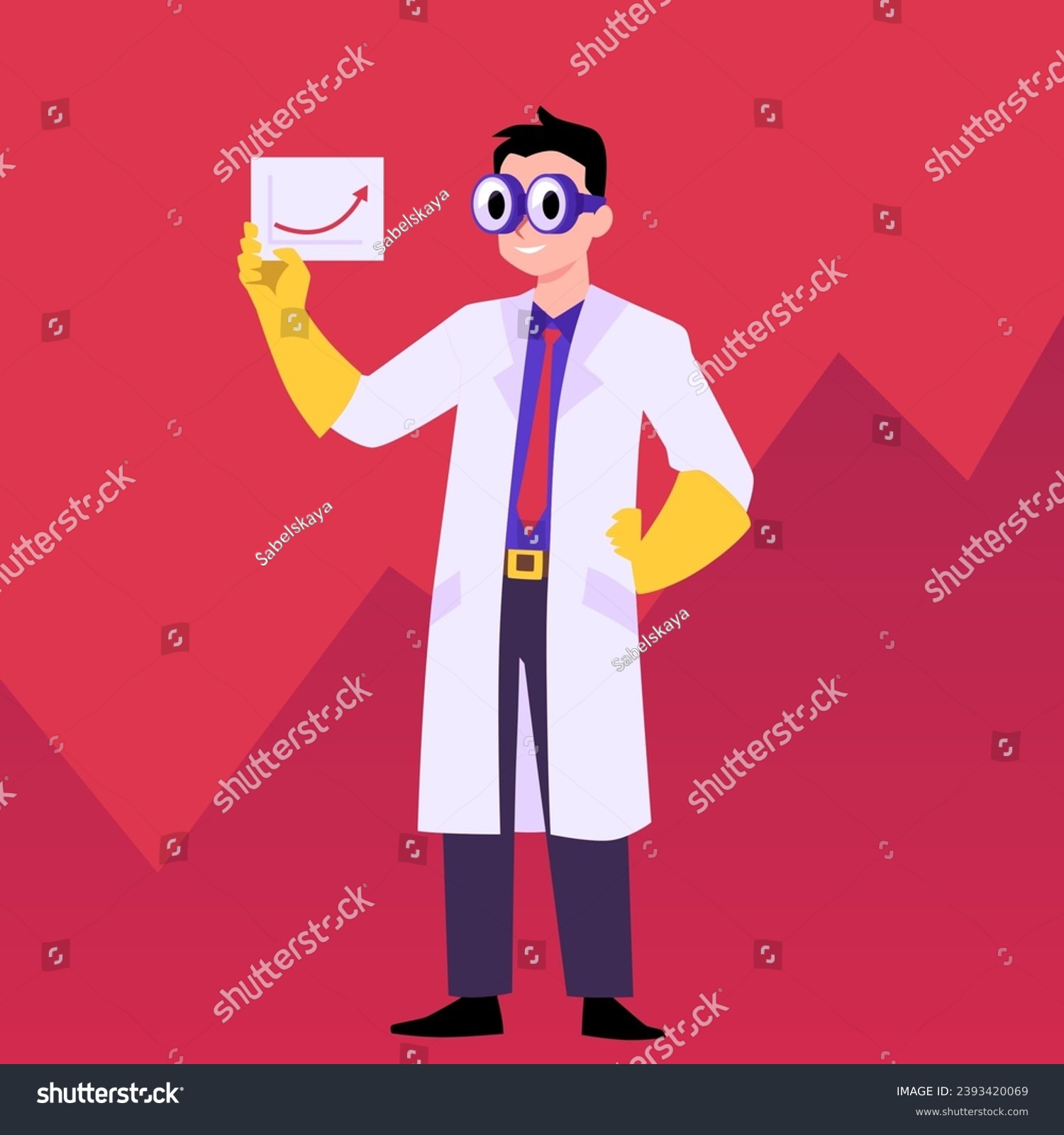SVG of Man in strange big glasses and protective gloves holds a card in his hands, vector illustration. Drawn in flat cartoon style. Business design concept. Male character mad scientist svg