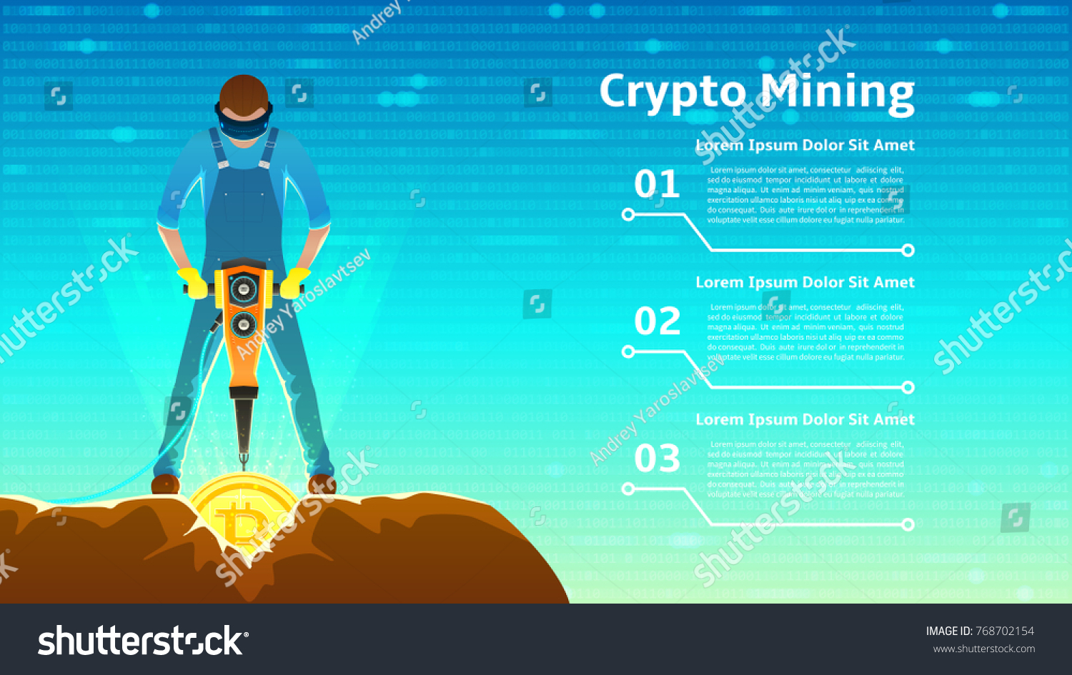 SVG of Man in Virtual Reality Glasses Mining Bitcoins. Modern Concept of Digital Crypto Mining. Person Extracting Coins from Rock with a jackhammer. Vector Illustration with Binary Computer Code. svg