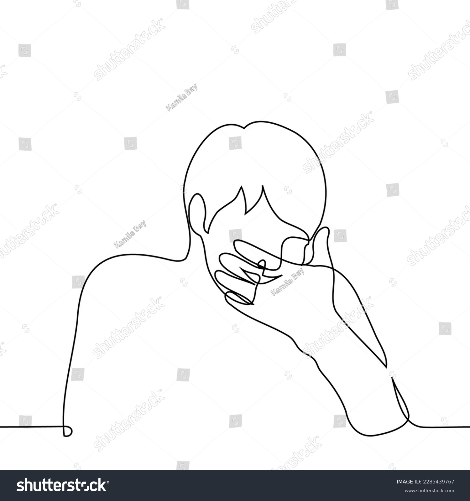 SVG of man laughing covering his mouth with his hand - one line drawing vector. concept inappropriate laughter, giggling svg