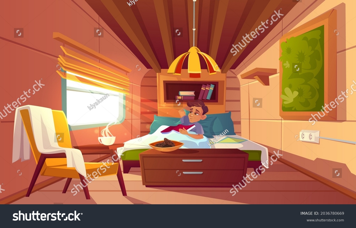 Man Lying Bed Camper Morning Vector เวกเตอร์สต็อก ปลอดค่าลิขสิทธิ์