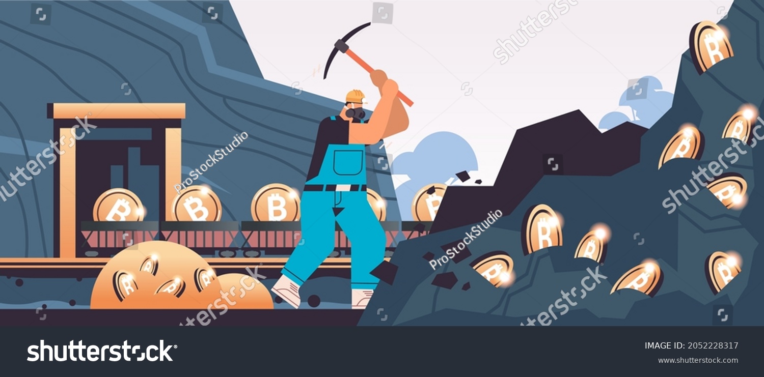 SVG of man miner digging and extracting bitcoins in mine cave mining crypto coins digital cryptocurrency blockchain svg