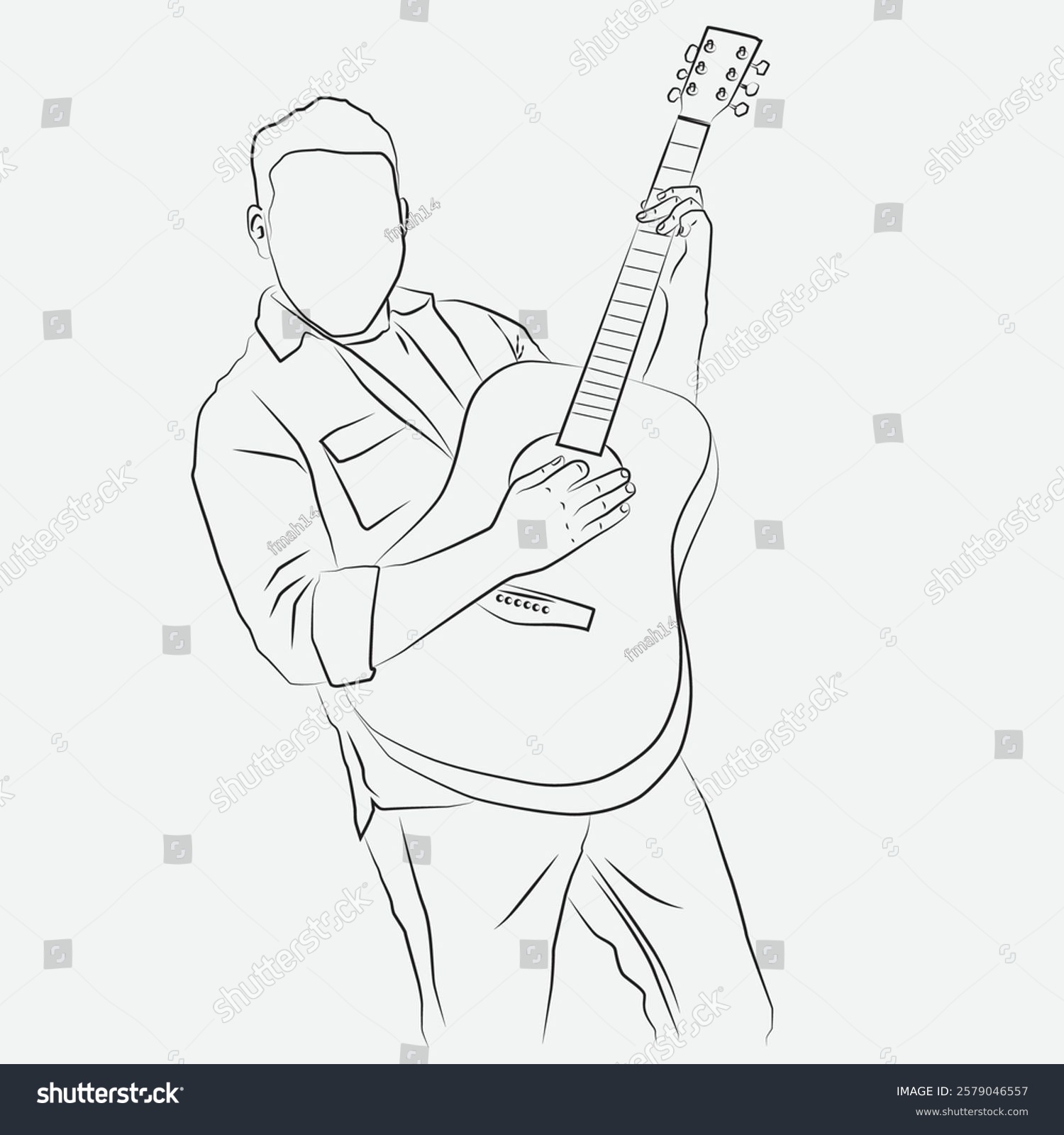 guitar player holding acoustic guitar, line art clip art preview