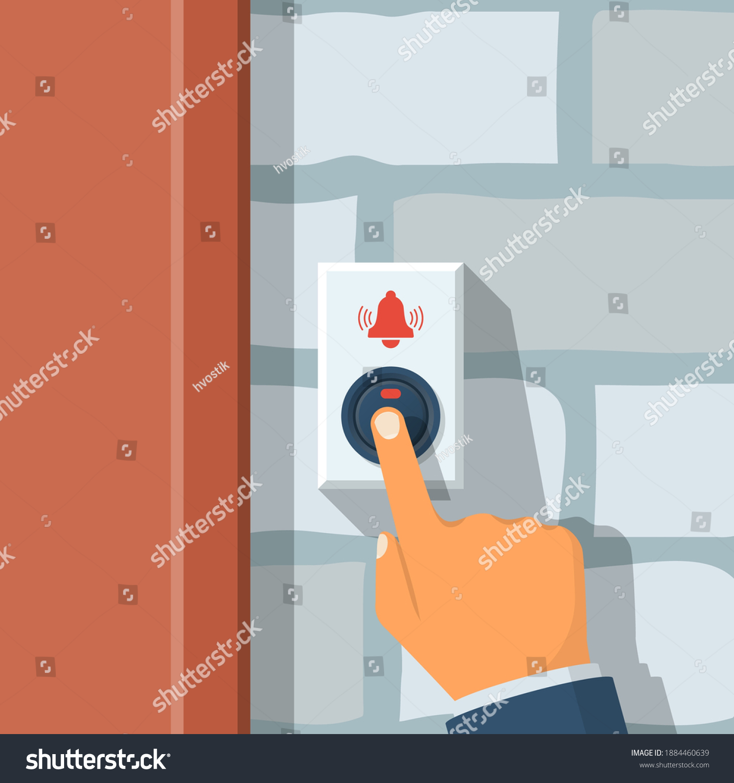 SVG of Man presses the doorbell button. Call button on a brick wall. Vector illustration flat design. Isolated on white background. svg