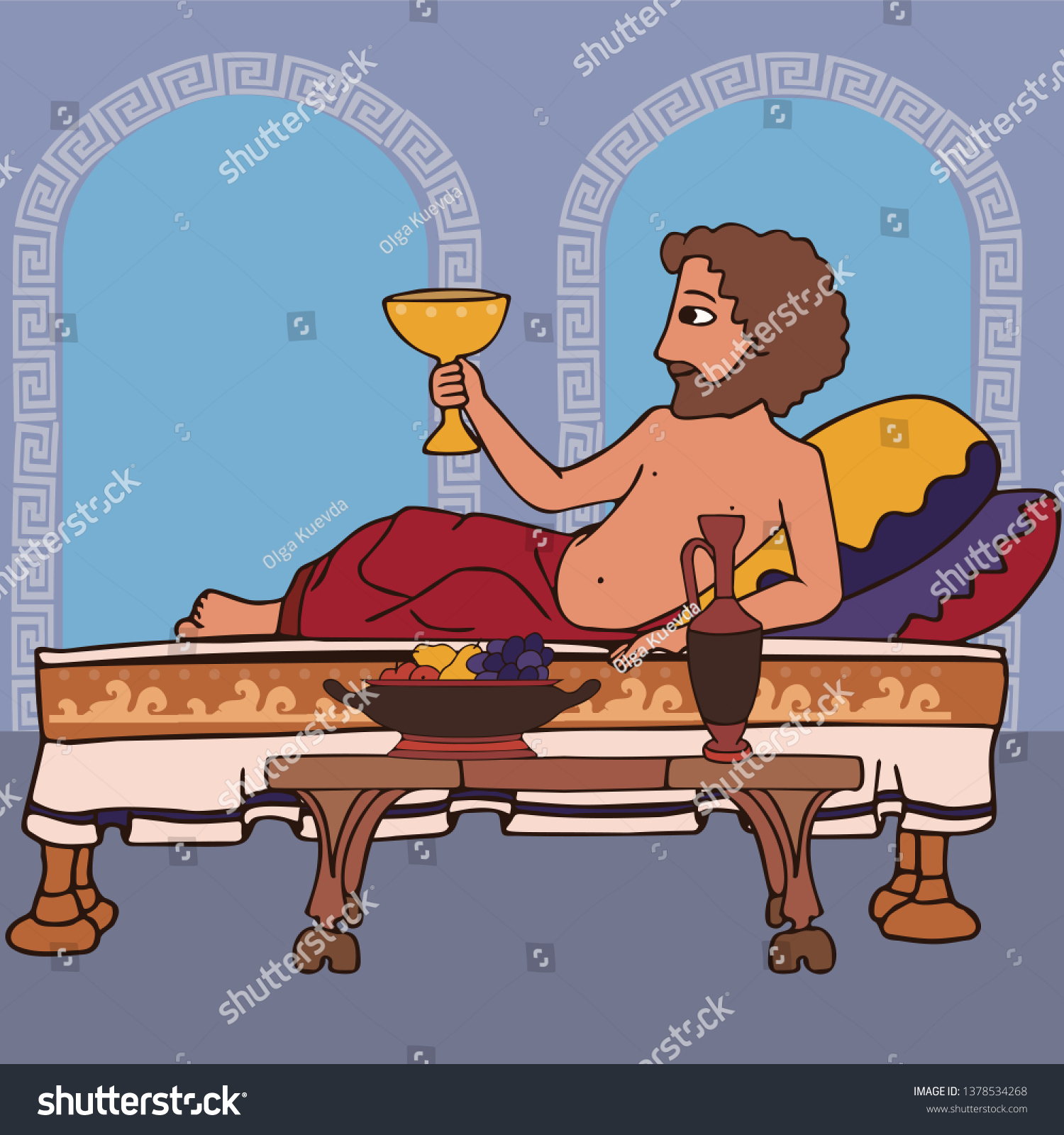 SVG of man reclines on the bed drinking wine, funny vector cartoon illustration of ancient Greek hedonist and everyday life scene svg
