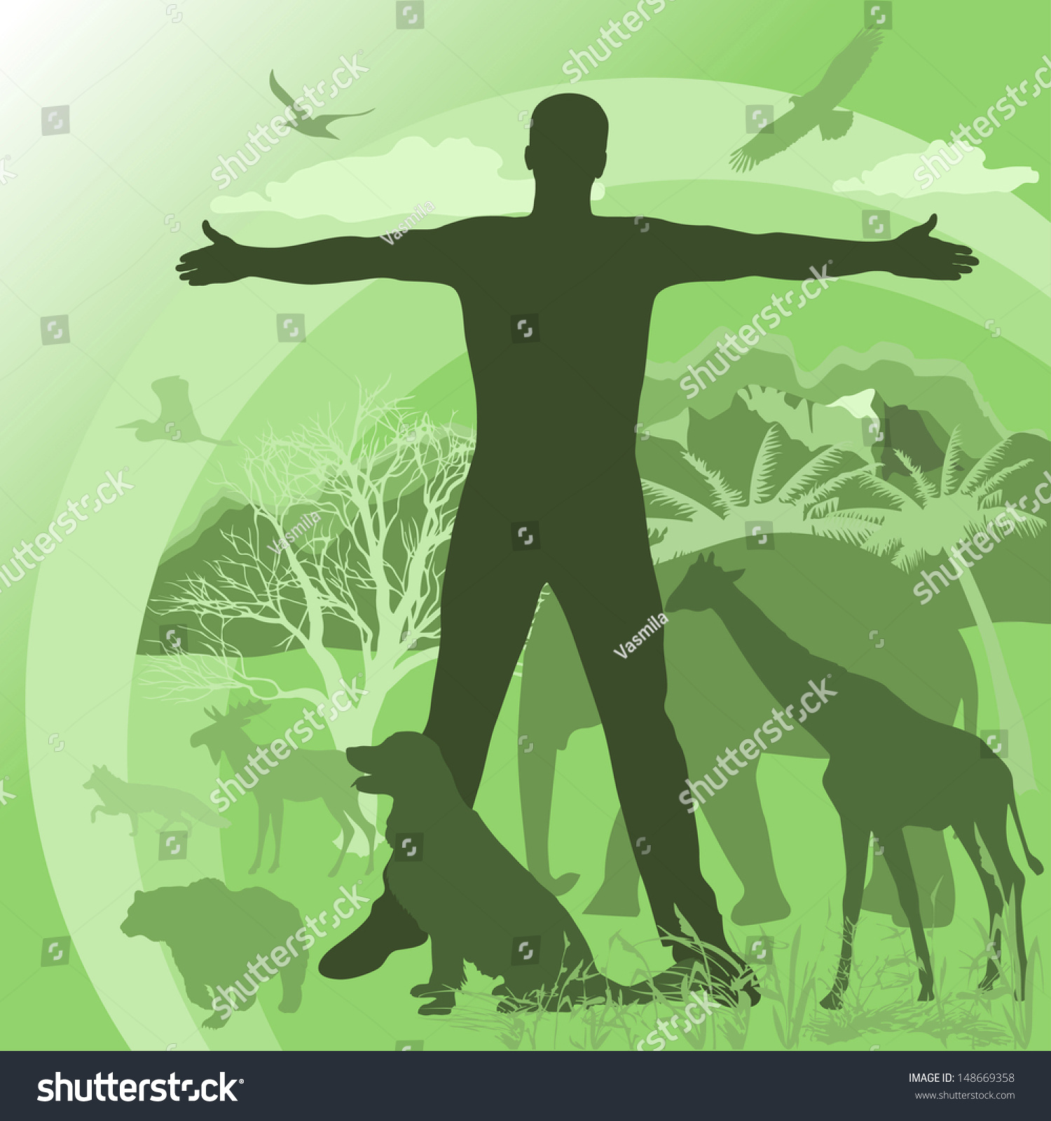 Mans Silhouette On Background Nature Animals Stock (Royalty Free) 148669358