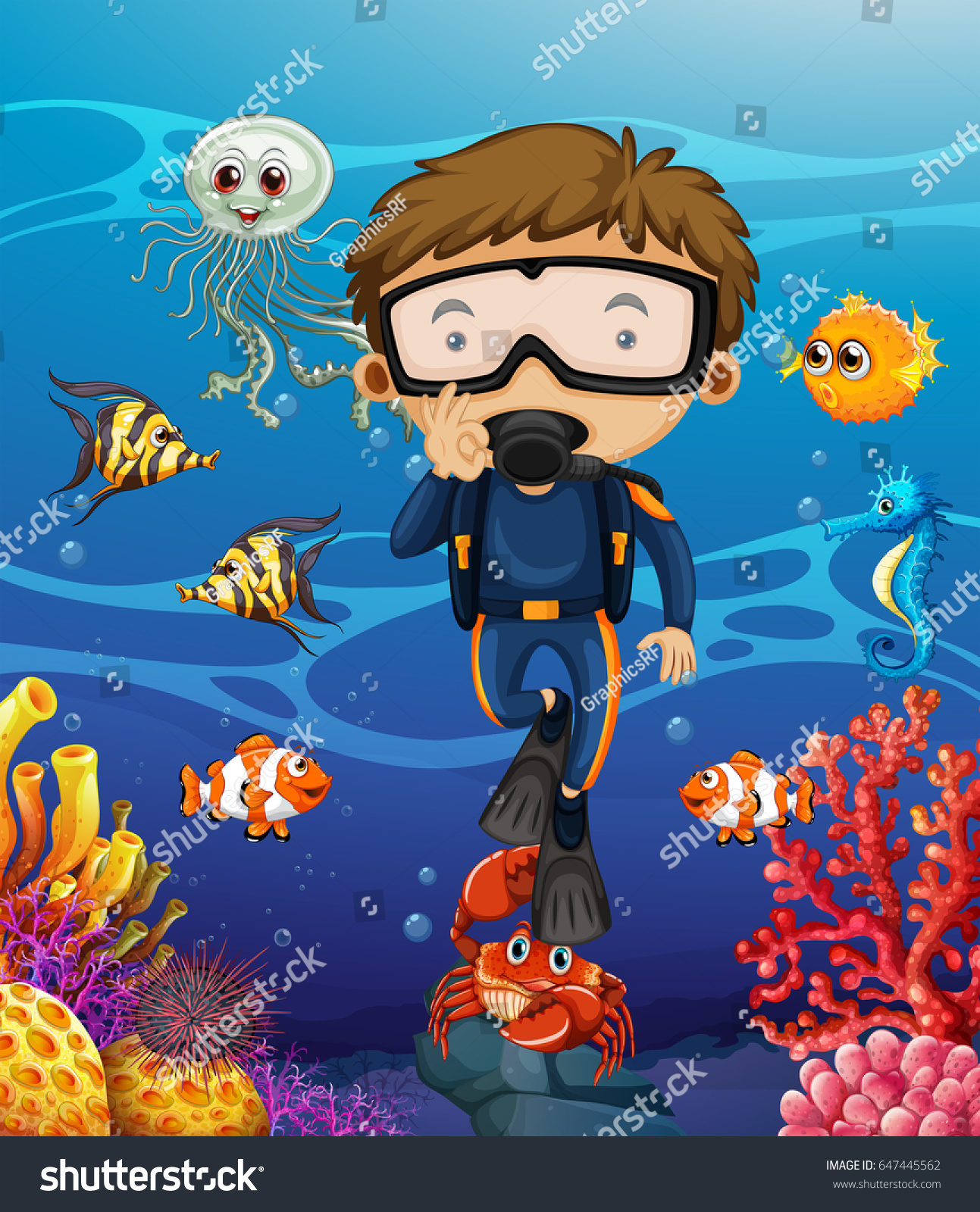 Man Scuba Diving Under Ocean Illustration Stock Vector (Royalty Free