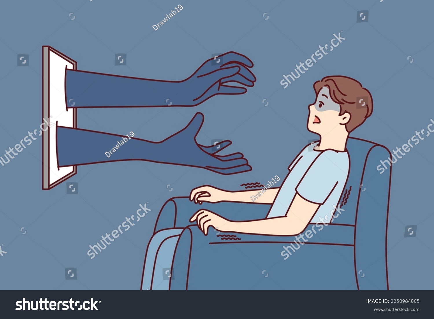 SVG of Man sitting in chair in front TV gets scared when sees hands reaching out from display. Shocked guy after learning unexpected information from documentary program opens mouth. Flat vector design  svg