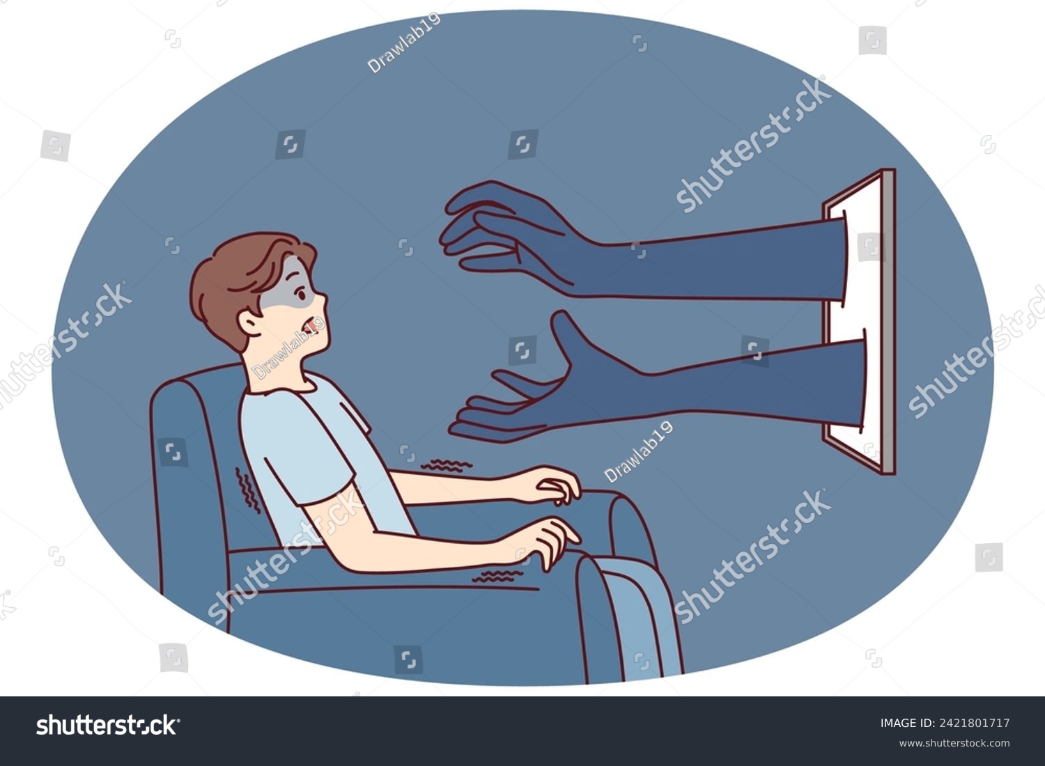 SVG of Man sitting in chair in front TV gets scared when sees hands reaching out from display. Shocked guy after learning unexpected information from documentary program opens mouth. Flat vector design svg