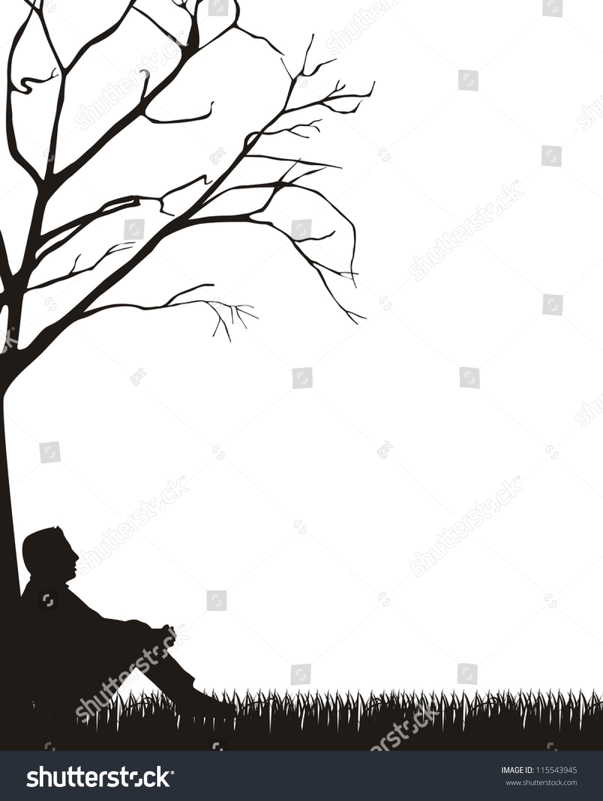 Man Sitting Silhouette Over Grass, White Background. Vector - 115543945 ...