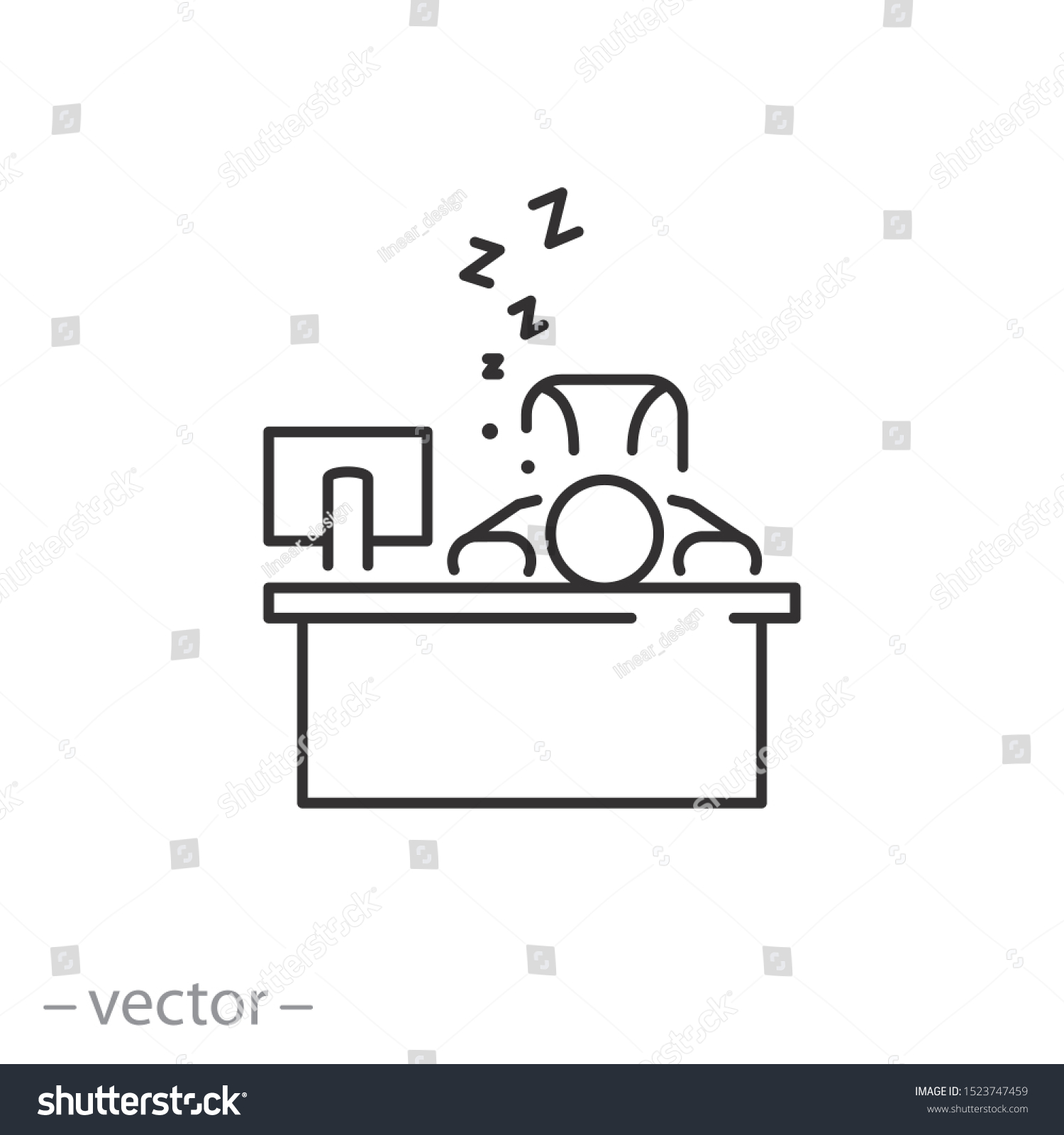 テーブルアイコンで寝ている男性 ズーズー落書き 眠い人 タイムスリープなし 白い背景に細い線のシンボル 編集可能なストロークベクターイラスト Eps10 のベクター画像素材 ロイヤリティフリー