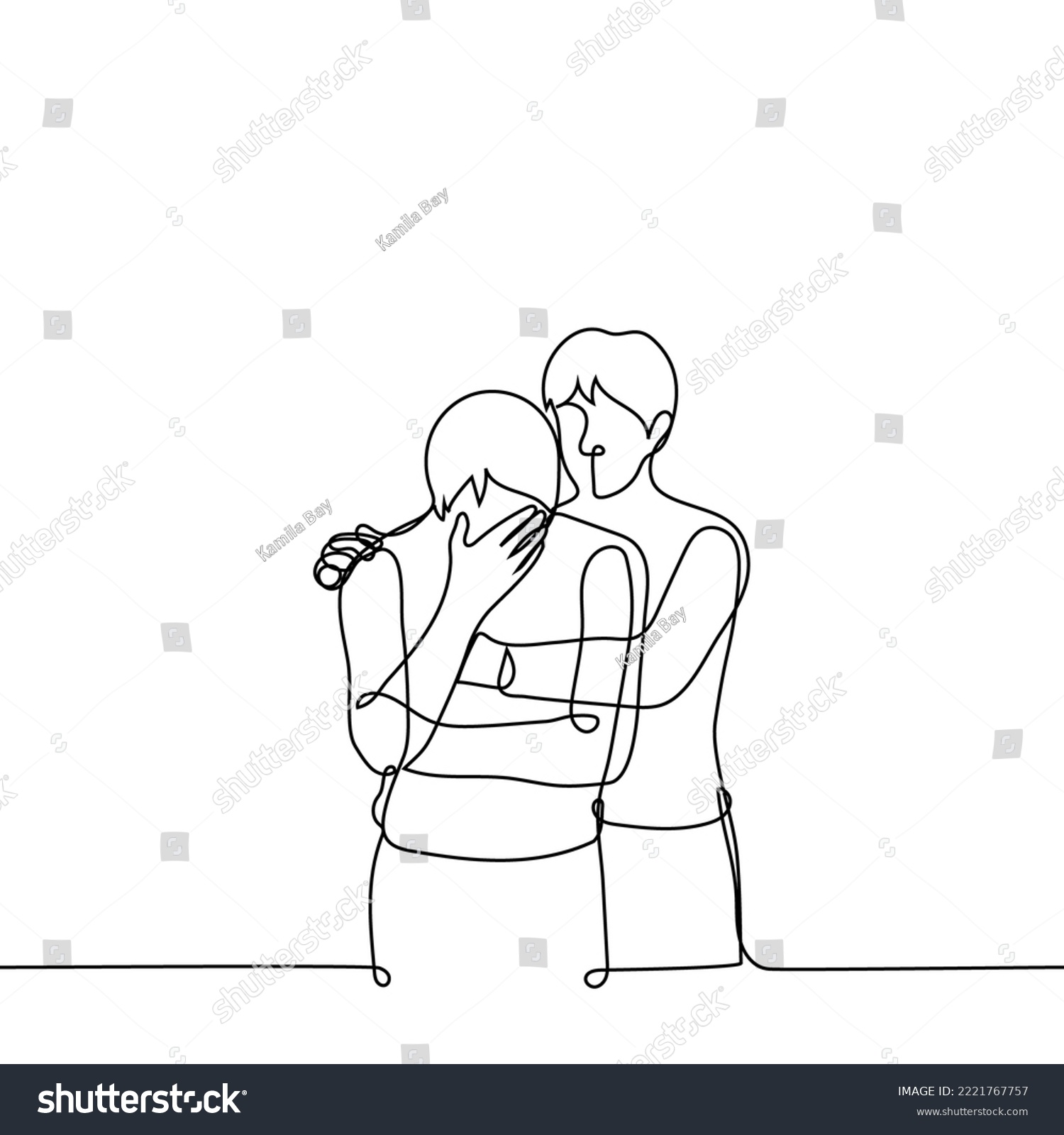 SVG of man sobbing covering his face with his hand from the back stroking and calming another man - one line drawing vector. concept comfort a loser or bereaved loved one, support a friend or family member svg