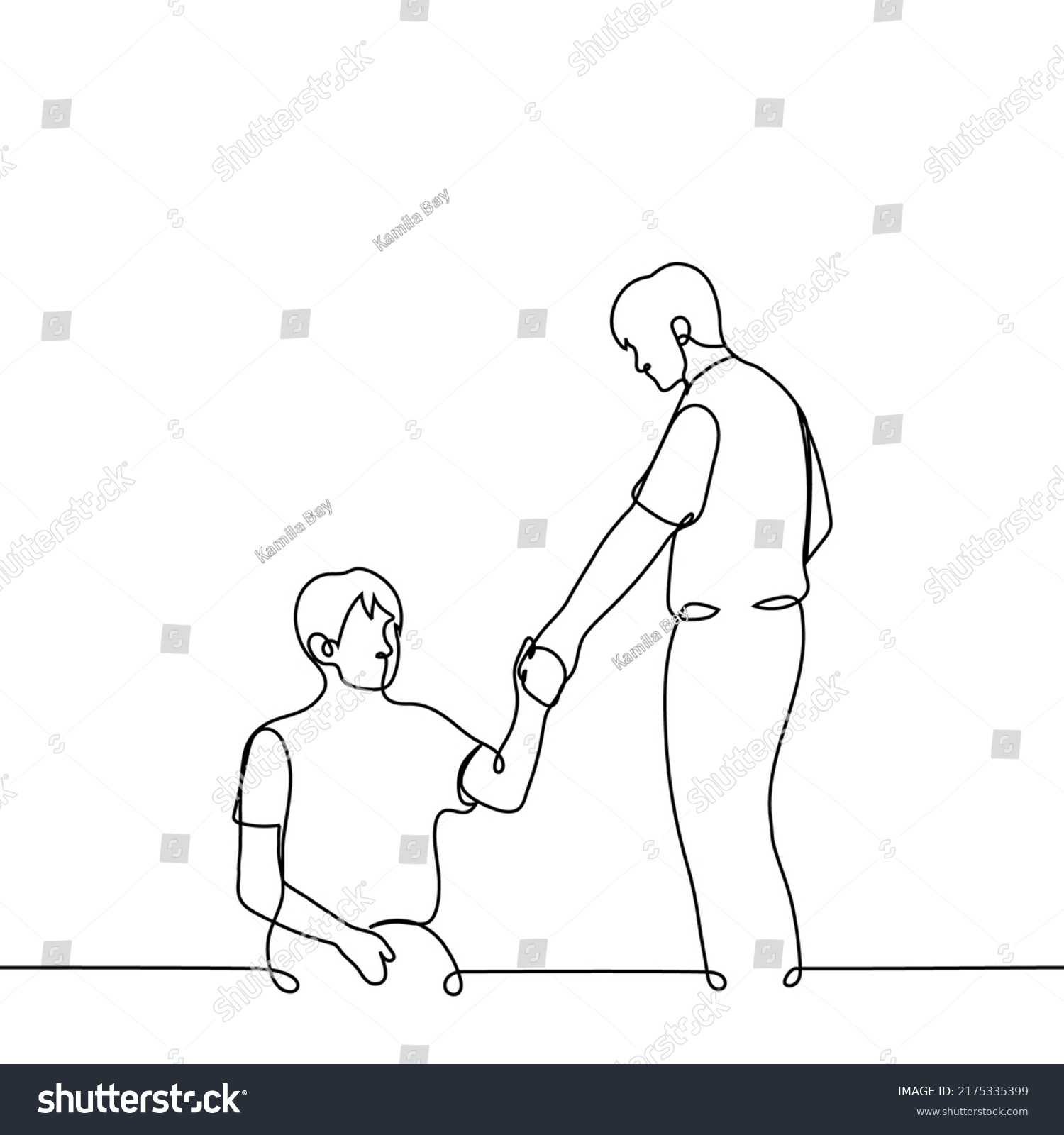 SVG of man standing stretching out his hand to sitting on the floor or ground - one line drawing vector. concept of helping those in need, helping loved ones, compassion and empathy svg