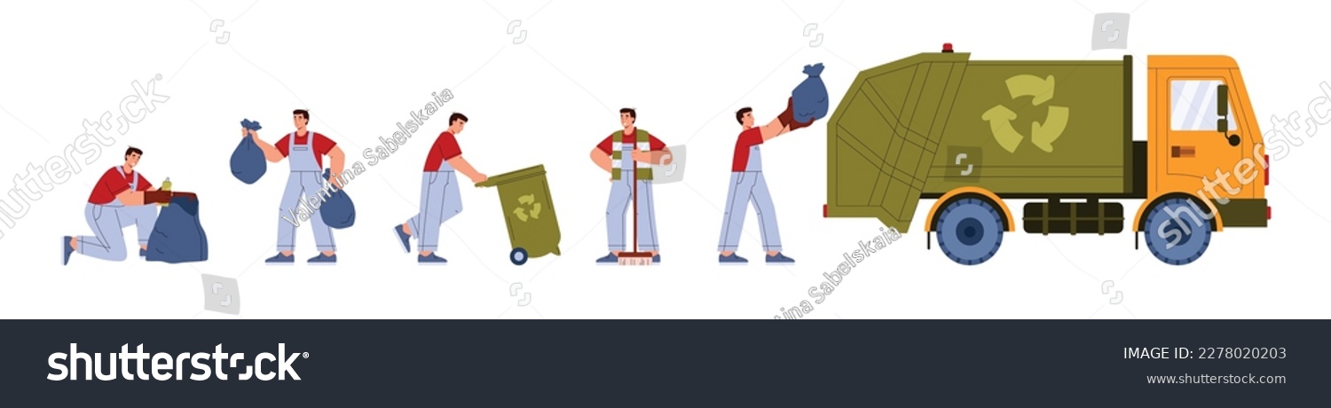 SVG of Man taking out garbage, flat vector illustration isolated on white background. Garbage collection process. Man putting trash bag in garbage truck. Concepts of recycling and environment. svg