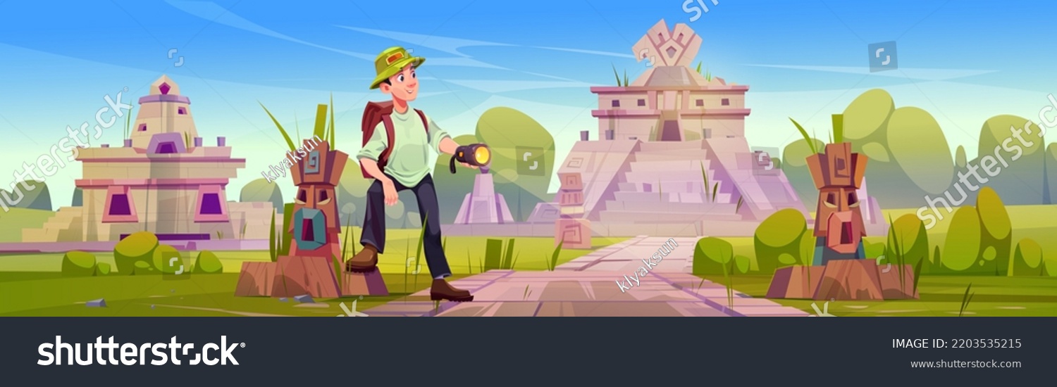SVG of Man tourist explore ancient aztec ruins. Summer landscape of abandoned village of mayan civilization with temple, statues, pyramid and traveler in hat with flashlight, vector cartoon illustration svg